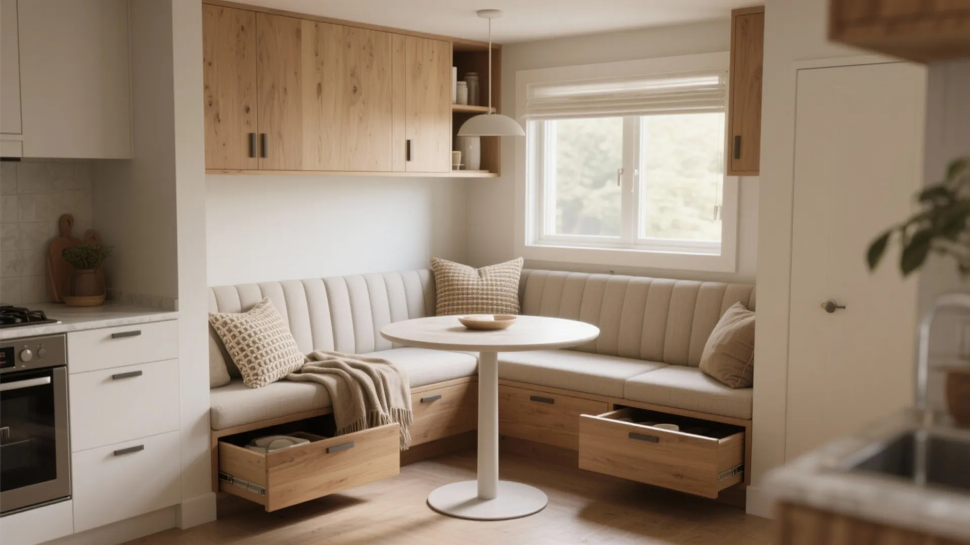 Corner breakfast nook with wood storage drawers round table white walls and wooden wall cabinets