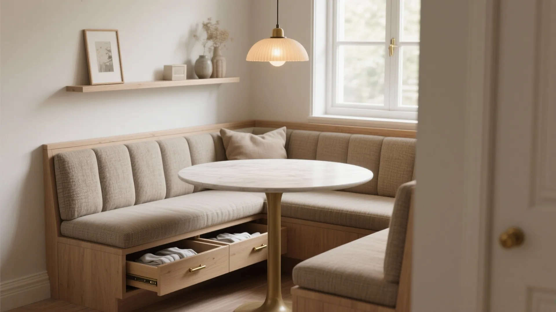 Corner breakfast nook with built in bench storage drawers marble table and a ceiling light