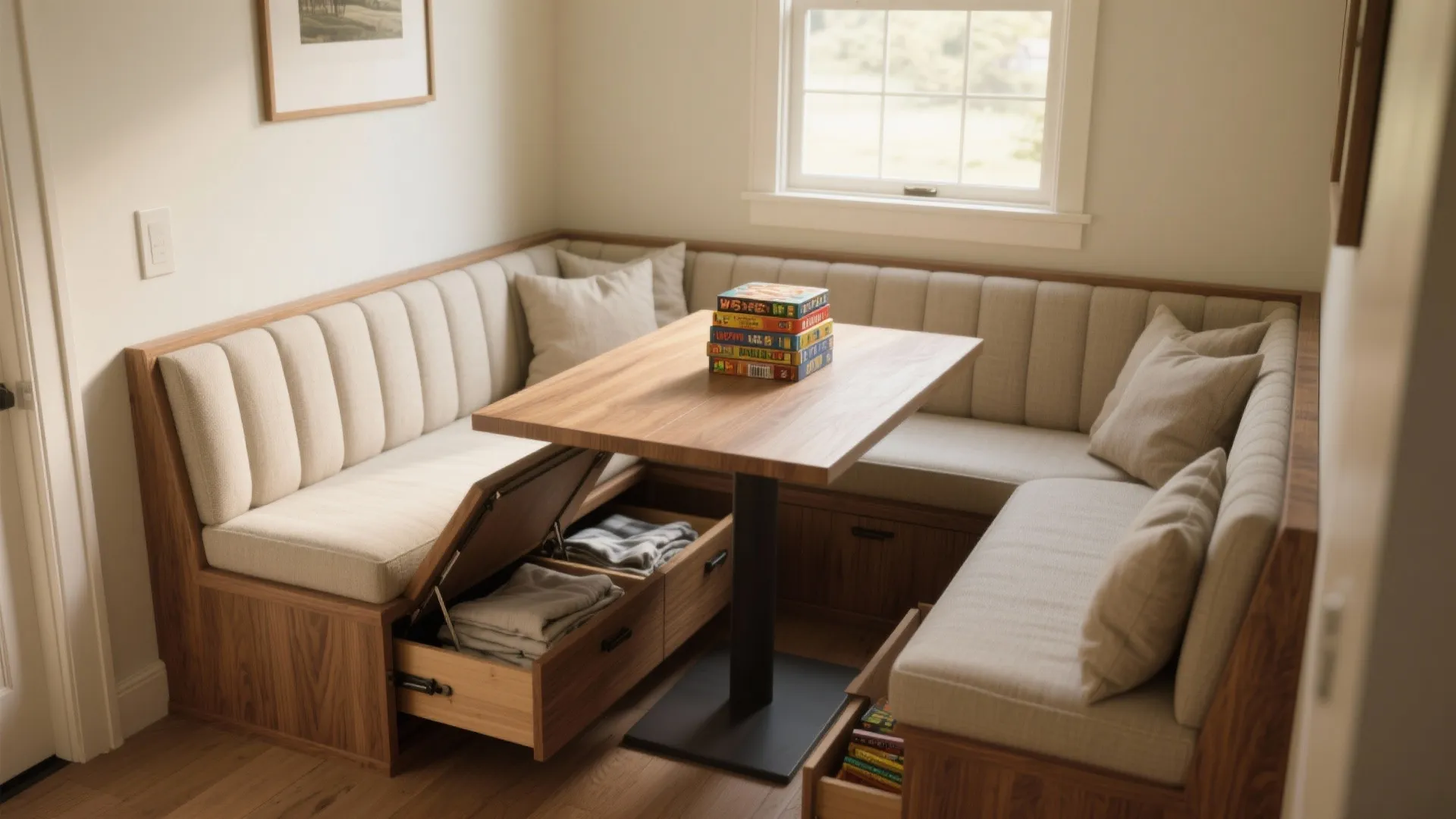 Built-in banquette bench with lift-up storage and upholstered cushions in a small dining nook
