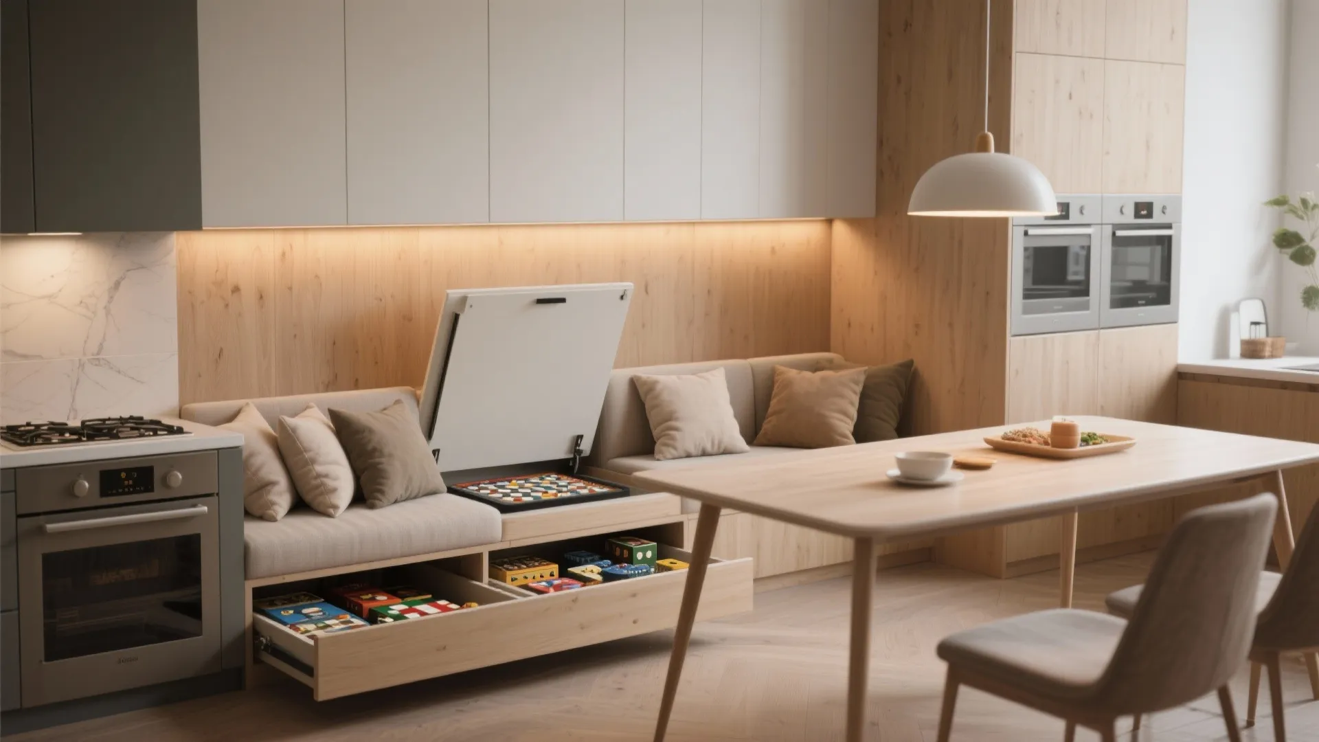 Built in dining bench with hidden storage drawers and a lifting seat for extra home organization