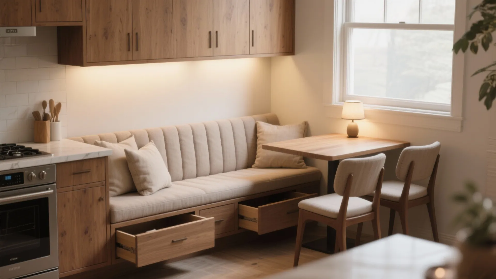 Built-in dining bench with open storage drawers underneath wooden table and light beige seat cushions