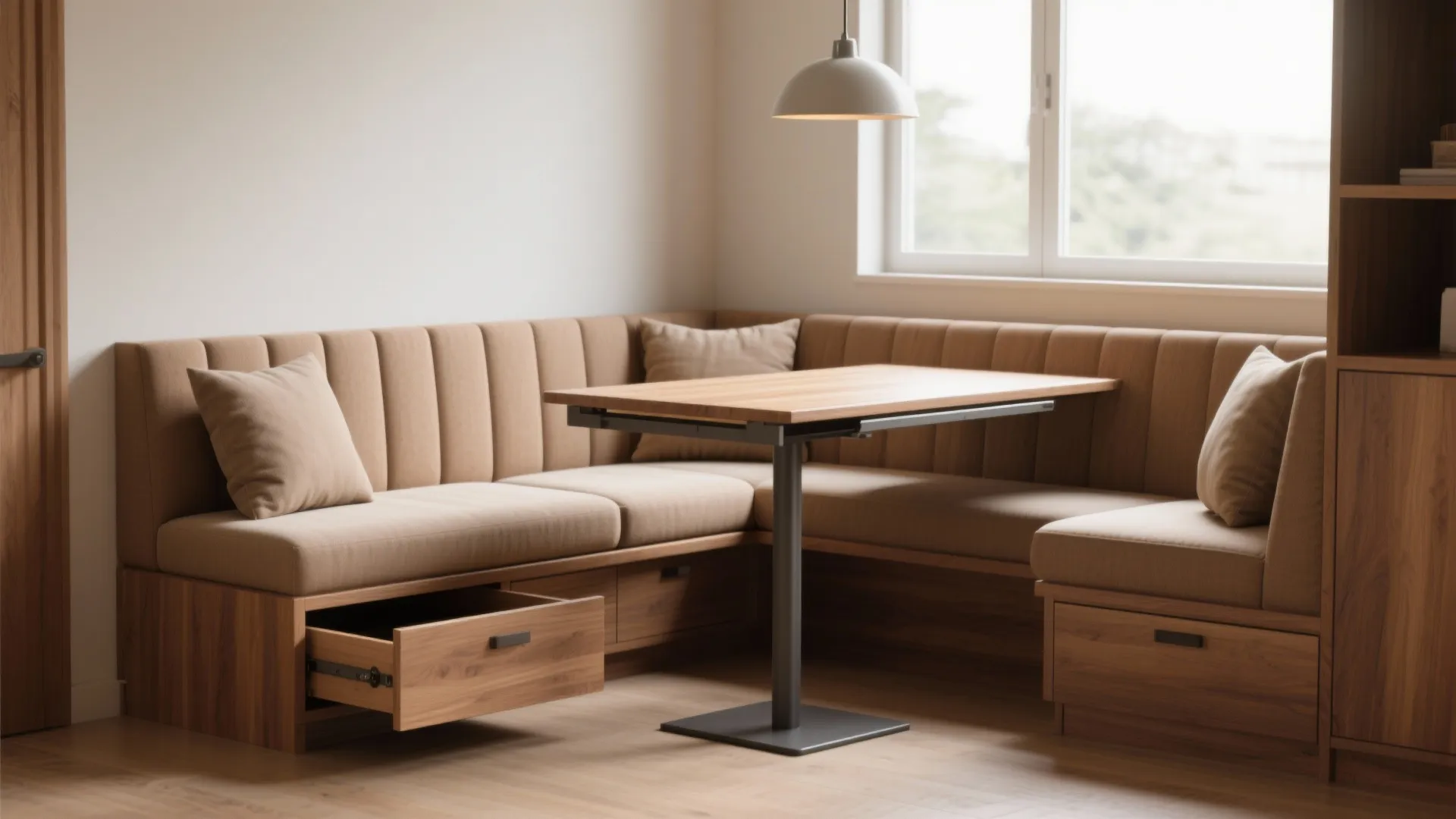 5. Built-in banquette with flip-up table — storage meets seating