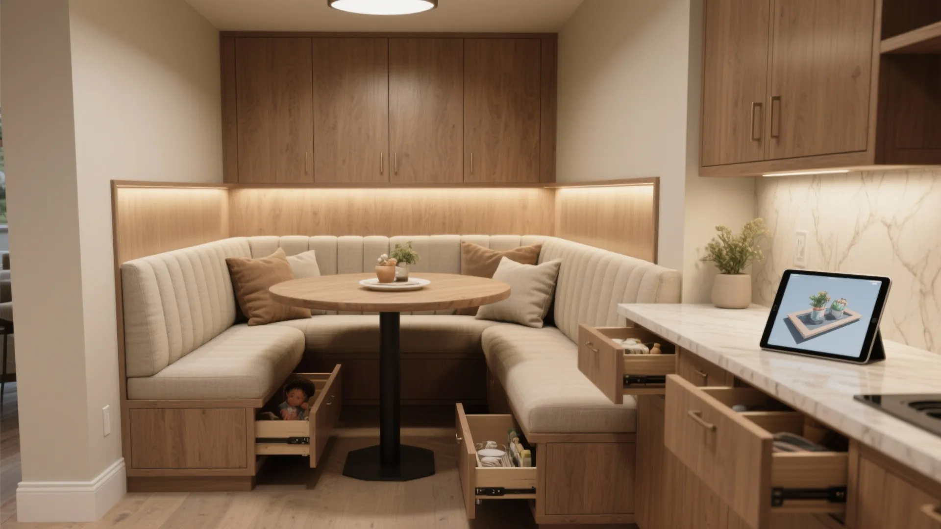5. Built-in banquette with hidden pull-out leaves