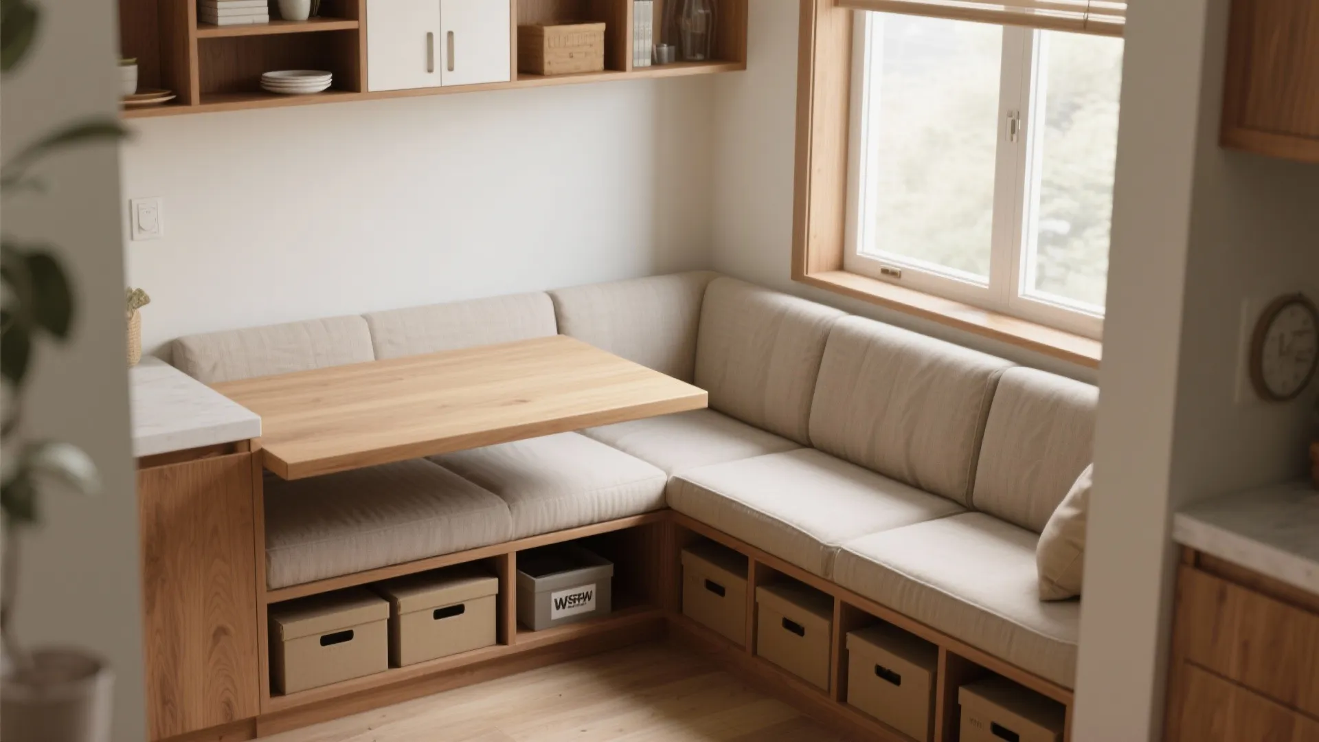 Built in wooden bench with soft cushions storage boxes underneath and a floating wood table