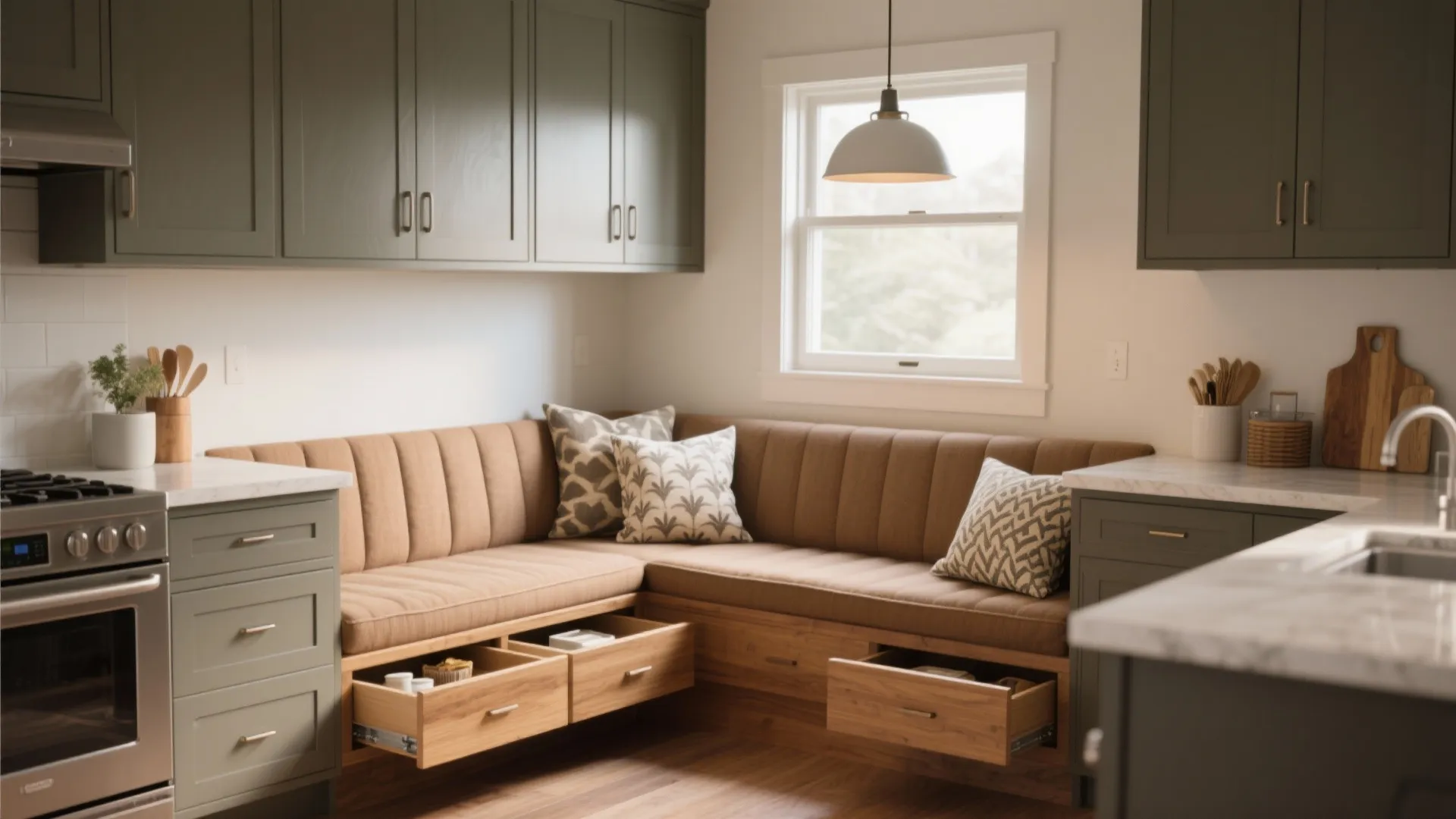 Built-in corner sofa with wooden storage drawers underneath located in a green and white kitchen