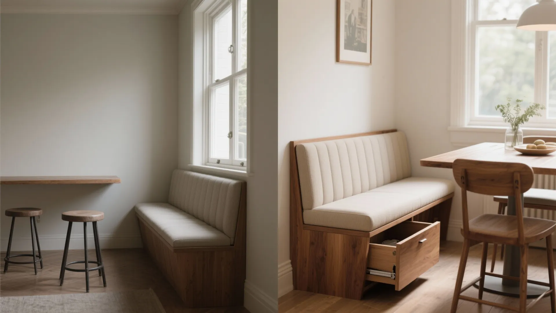 Before and after of a narrow banquette with hidden storage replacing a bare dining wall.