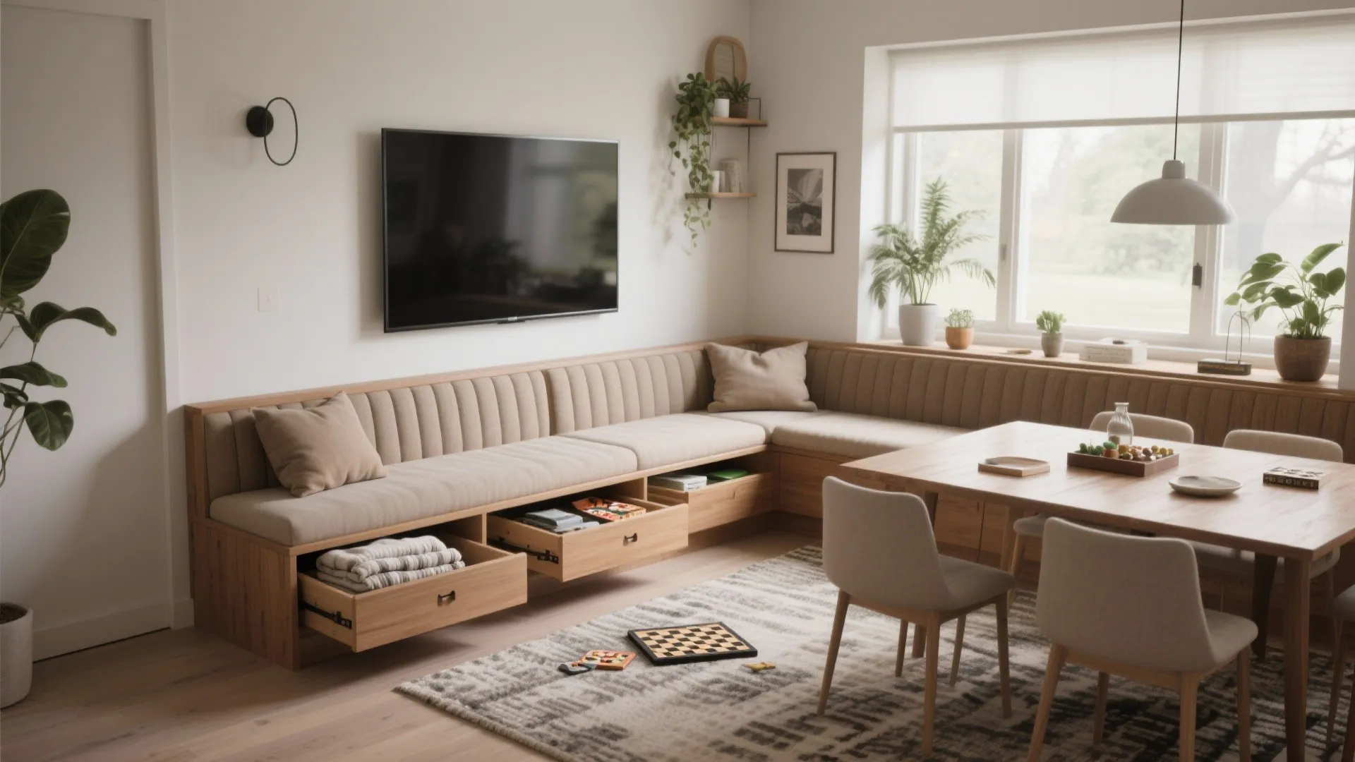 2. Banquette bench that doubles as storage and sofa