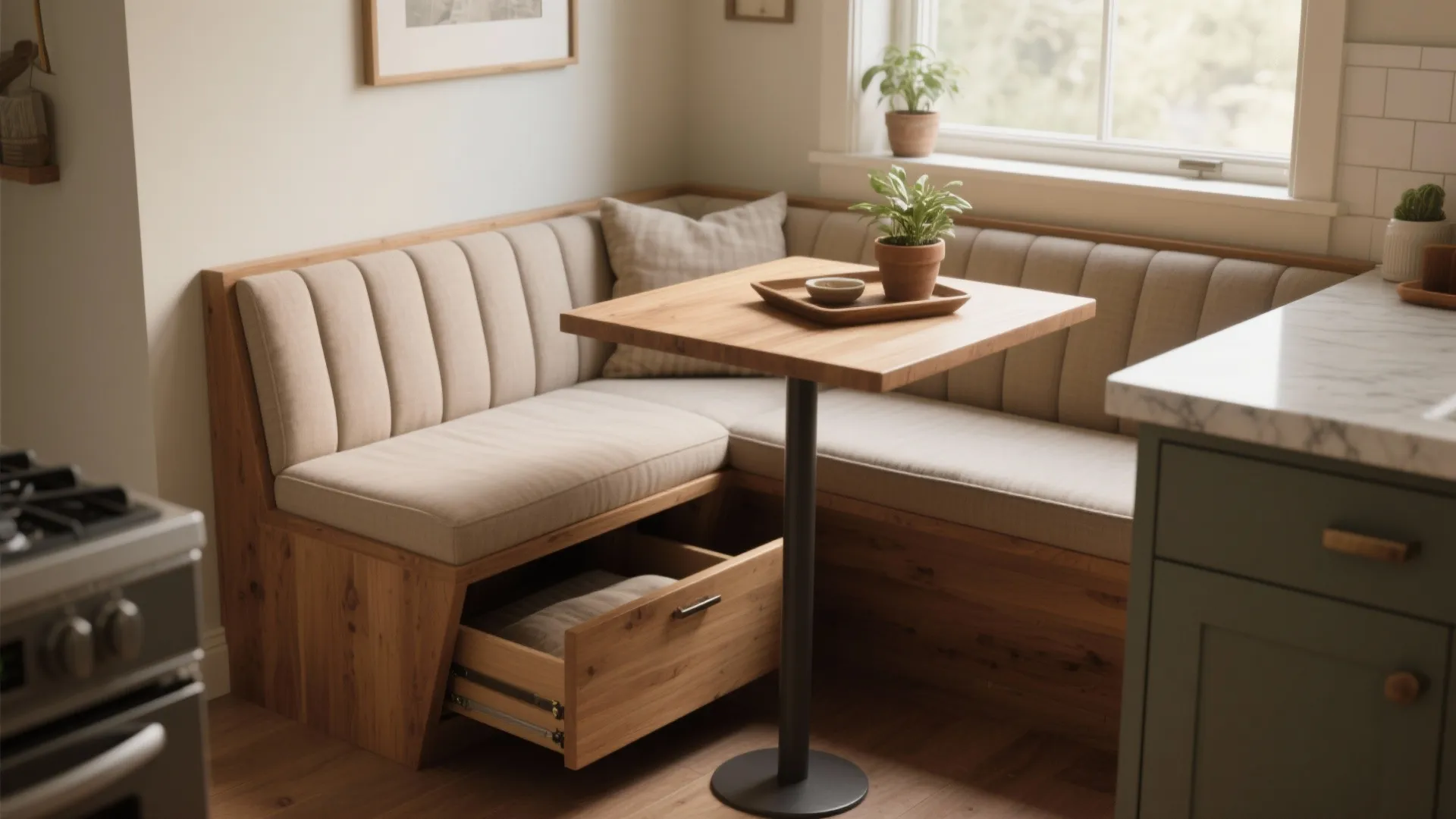 Built-in corner sofa with wooden storage drawer open showing extra space for pillows and blankets