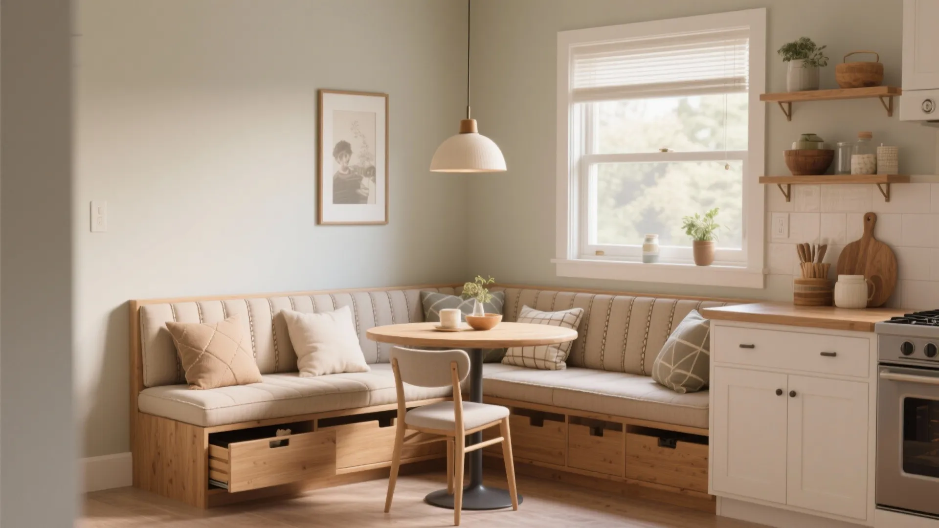 Cozy dining area with corner bench seating featuring built-in wooden storage drawers and round table