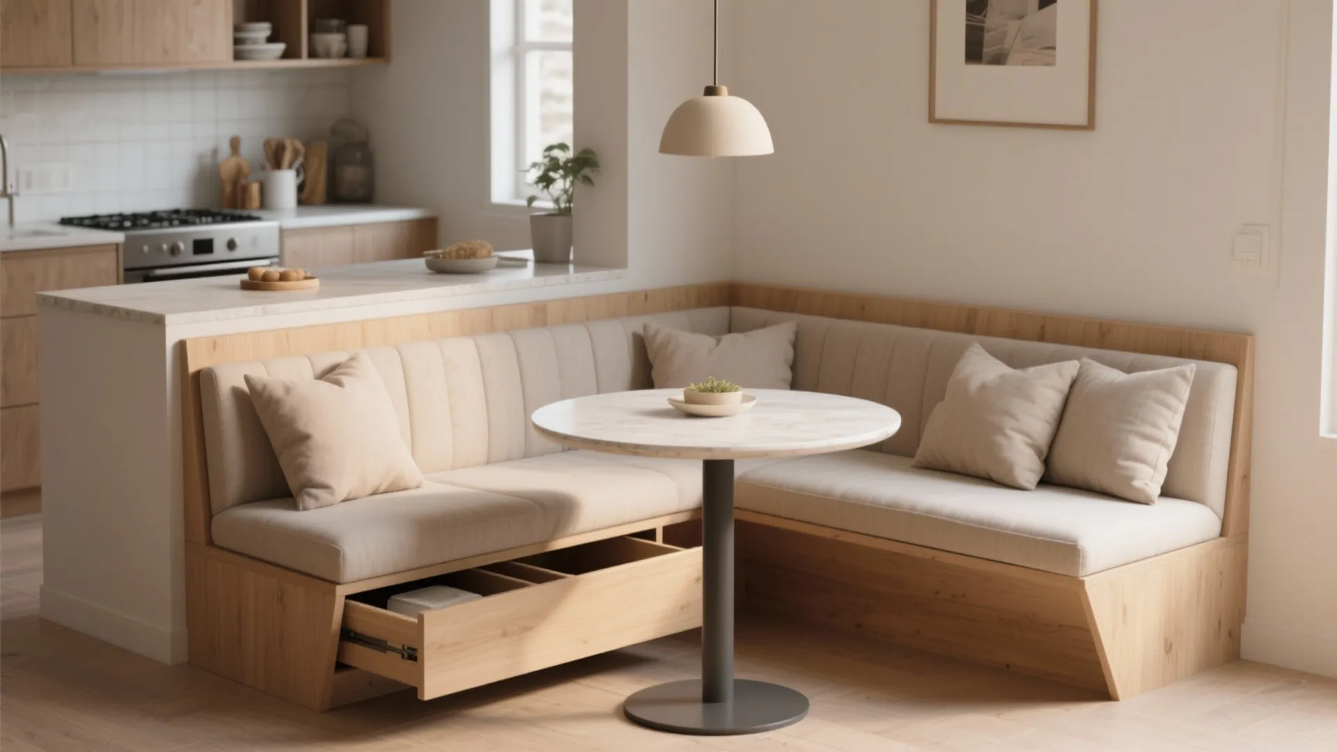 Cozy built-in banquette with cushions and a hidden storage drawer slightly open under the seat.