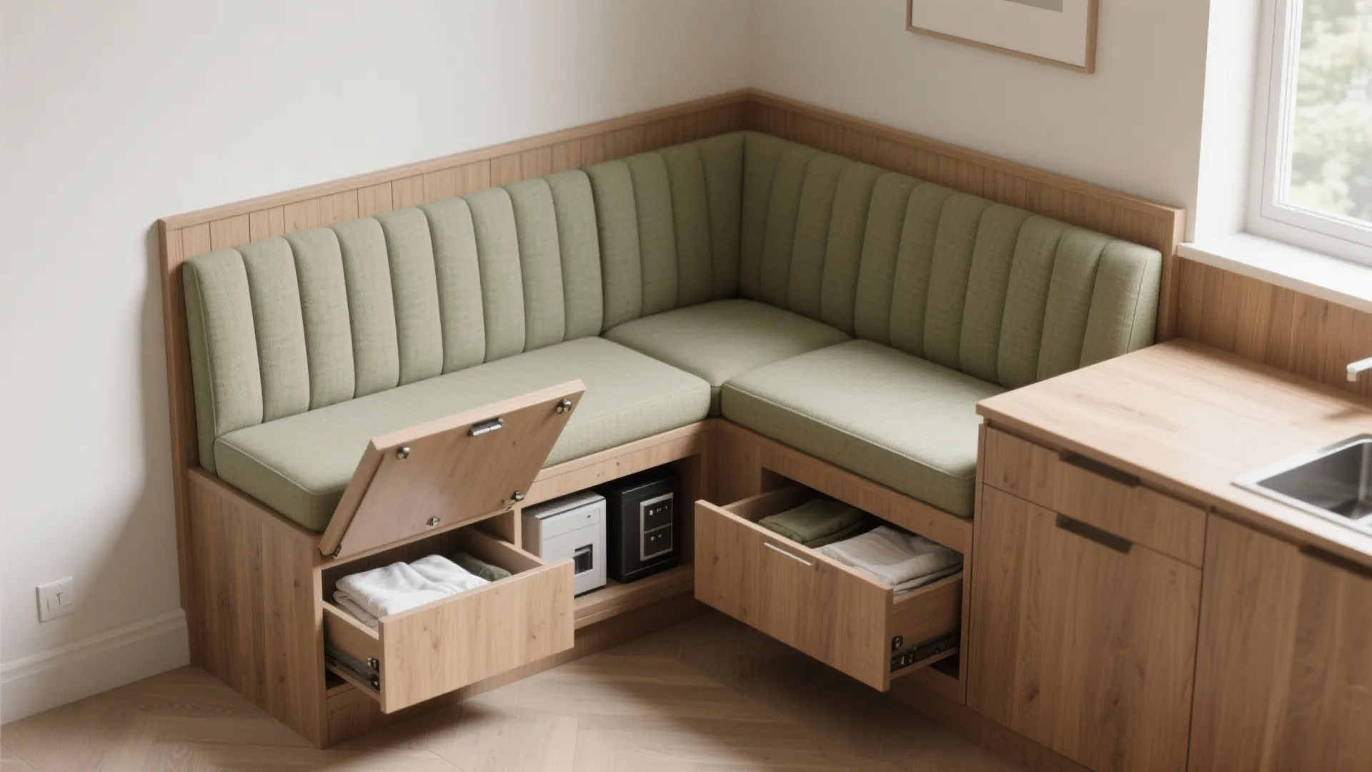 Green corner seating bench with open wooden storage drawers and wood paneling on the wall