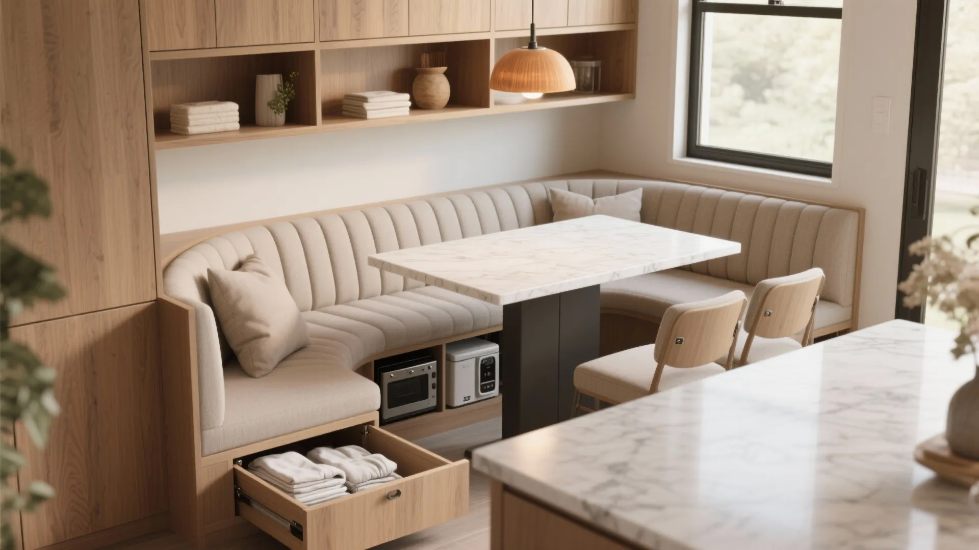 Modern dining booth with wooden storage drawers marble table top and a warm ceiling light