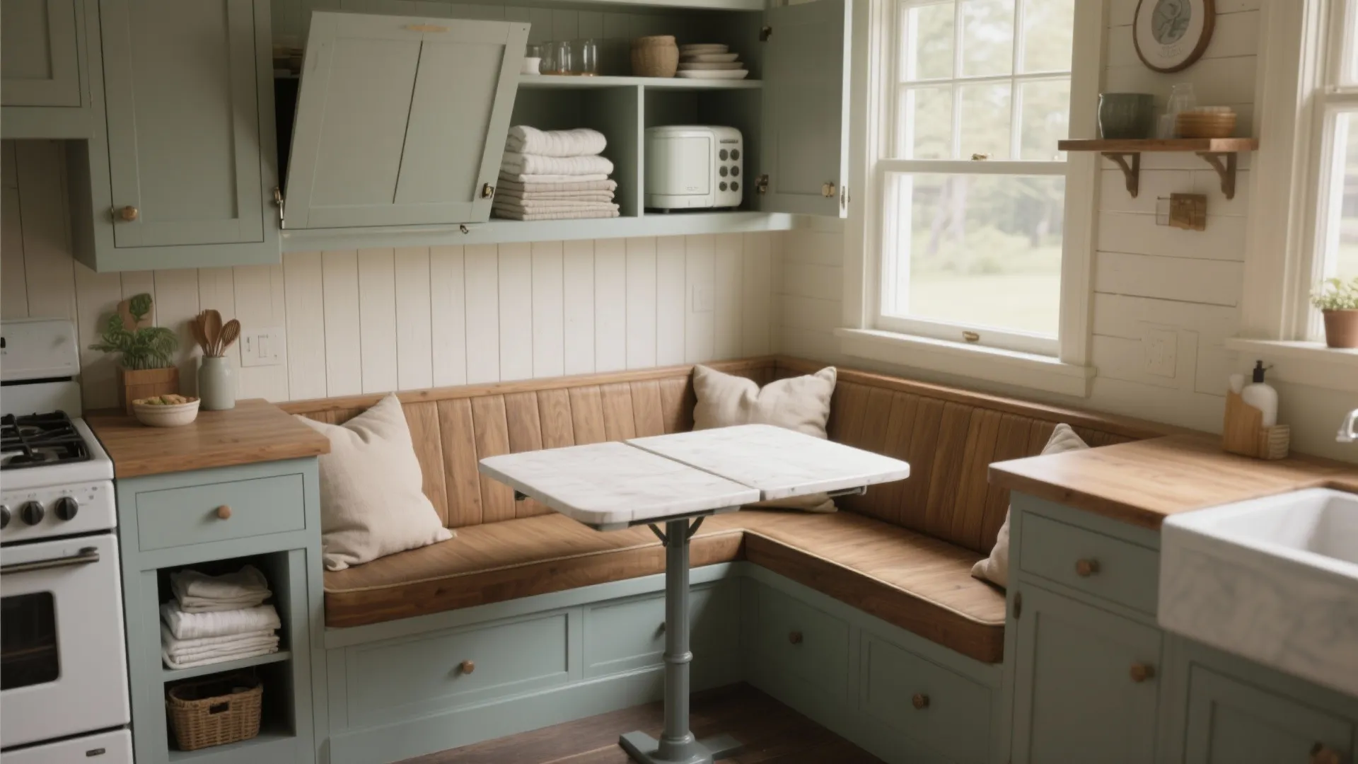 1. Built-in banquette and foldaway table