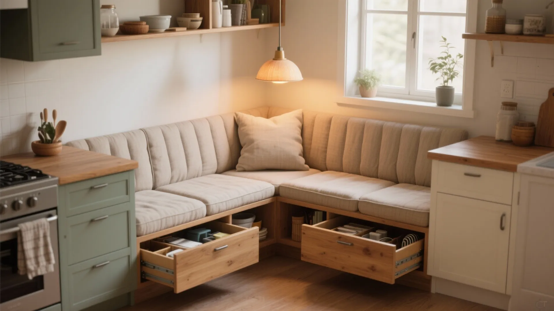 Corner kitchen bench with beige cushions featuring built in wooden storage drawers and green cabinets