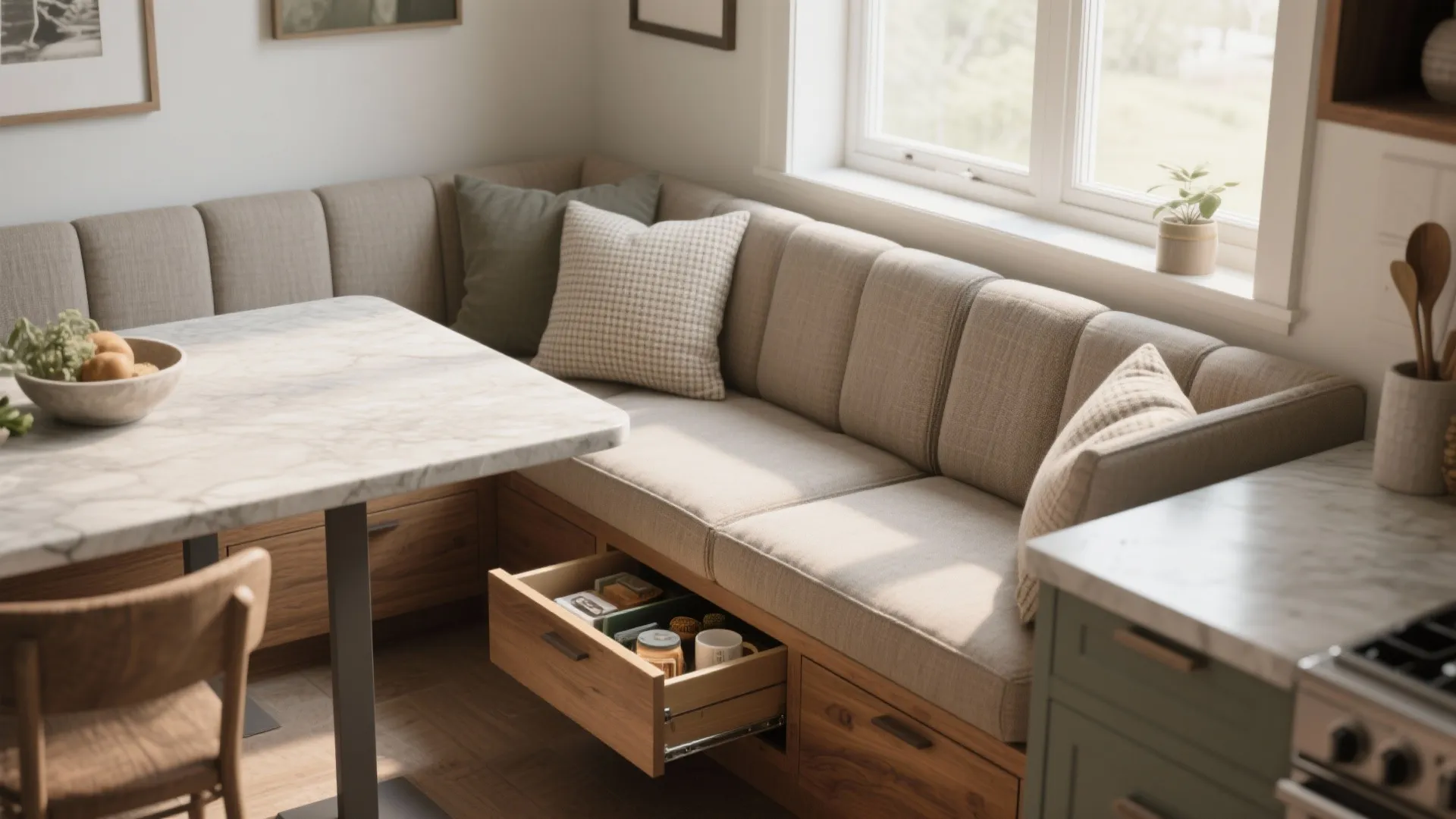Built in kitchen bench seating with a pull out wooden drawer for extra home storage