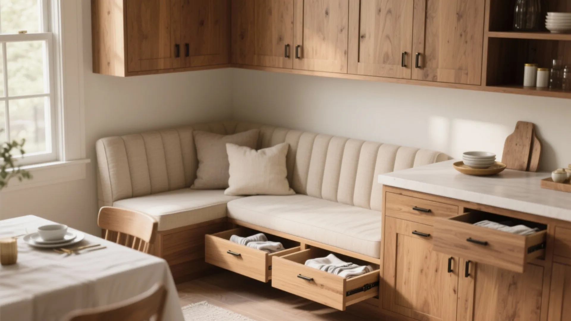 1. Built-in bench seating with hidden storage
