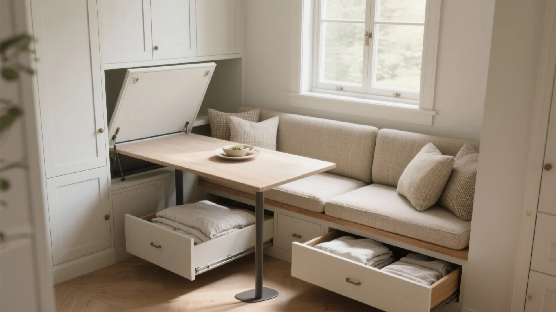Built-in banquette bench with lift-up storage and a compact dining table in a narrow alcove