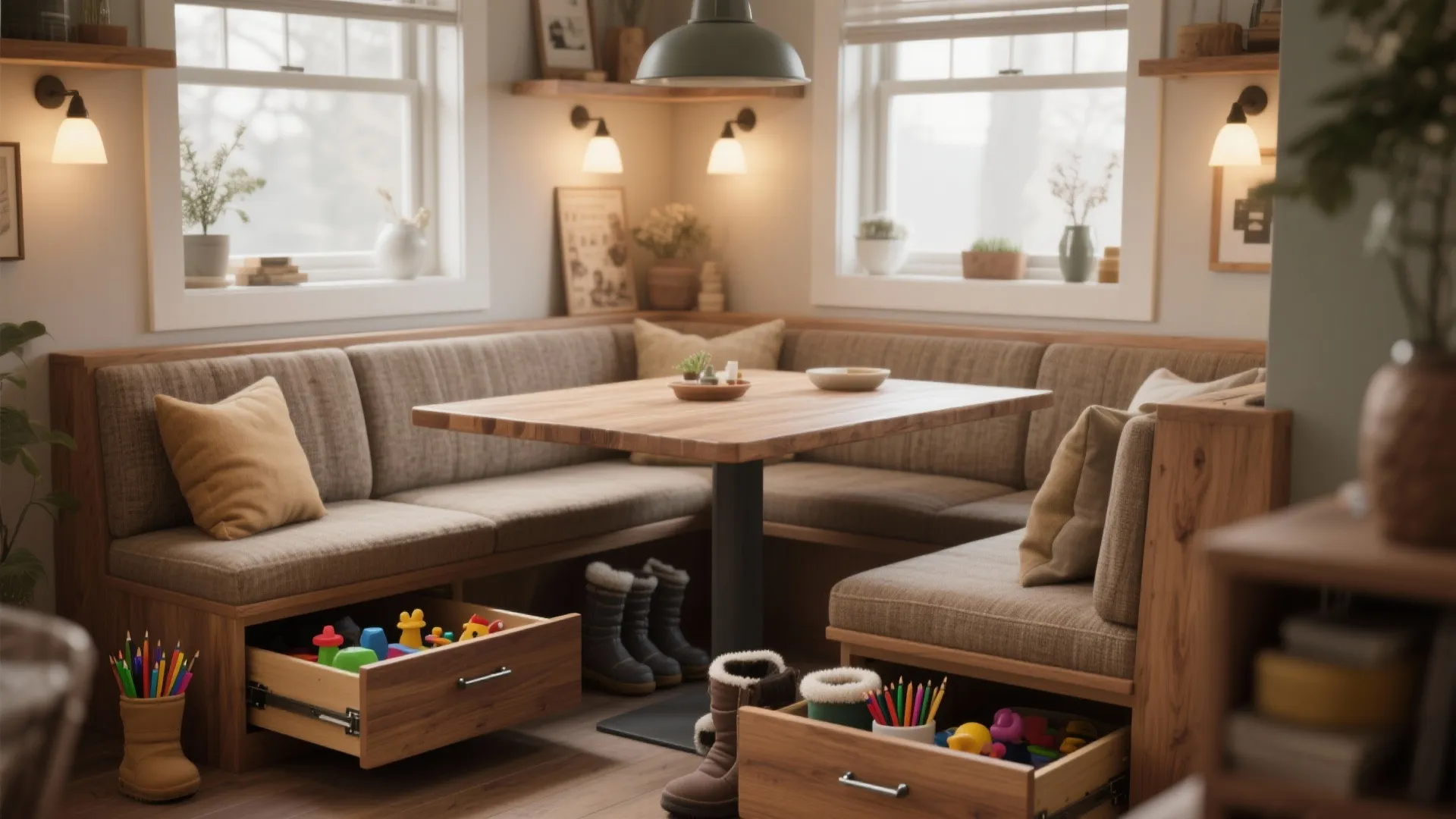 Cozy banquette seating with hidden storage drawers for boots and kids' supplies in a small dining nook.
