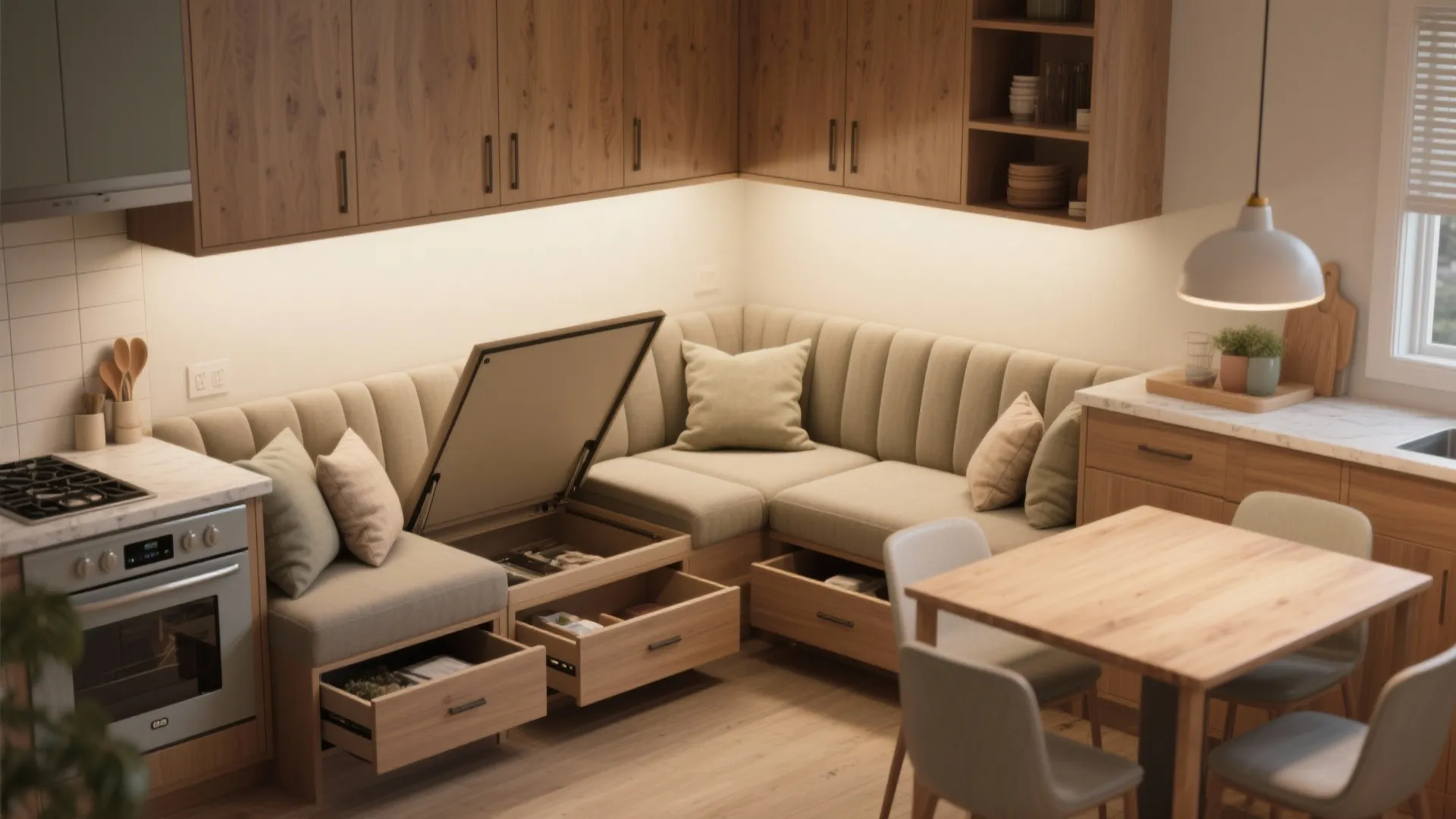 3. Banquette built-ins that double as storage