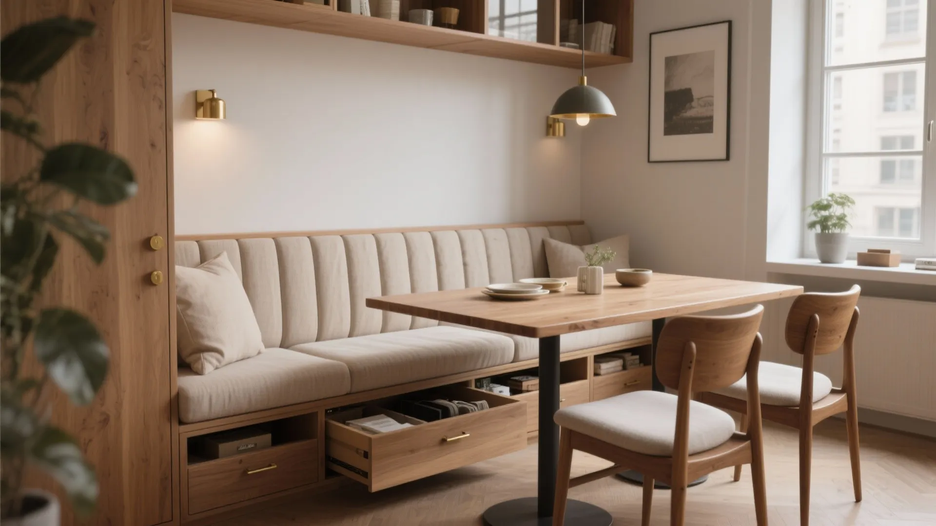 Modern dining area featuring a wooden table with cushioned bench seating and built-in storage drawers