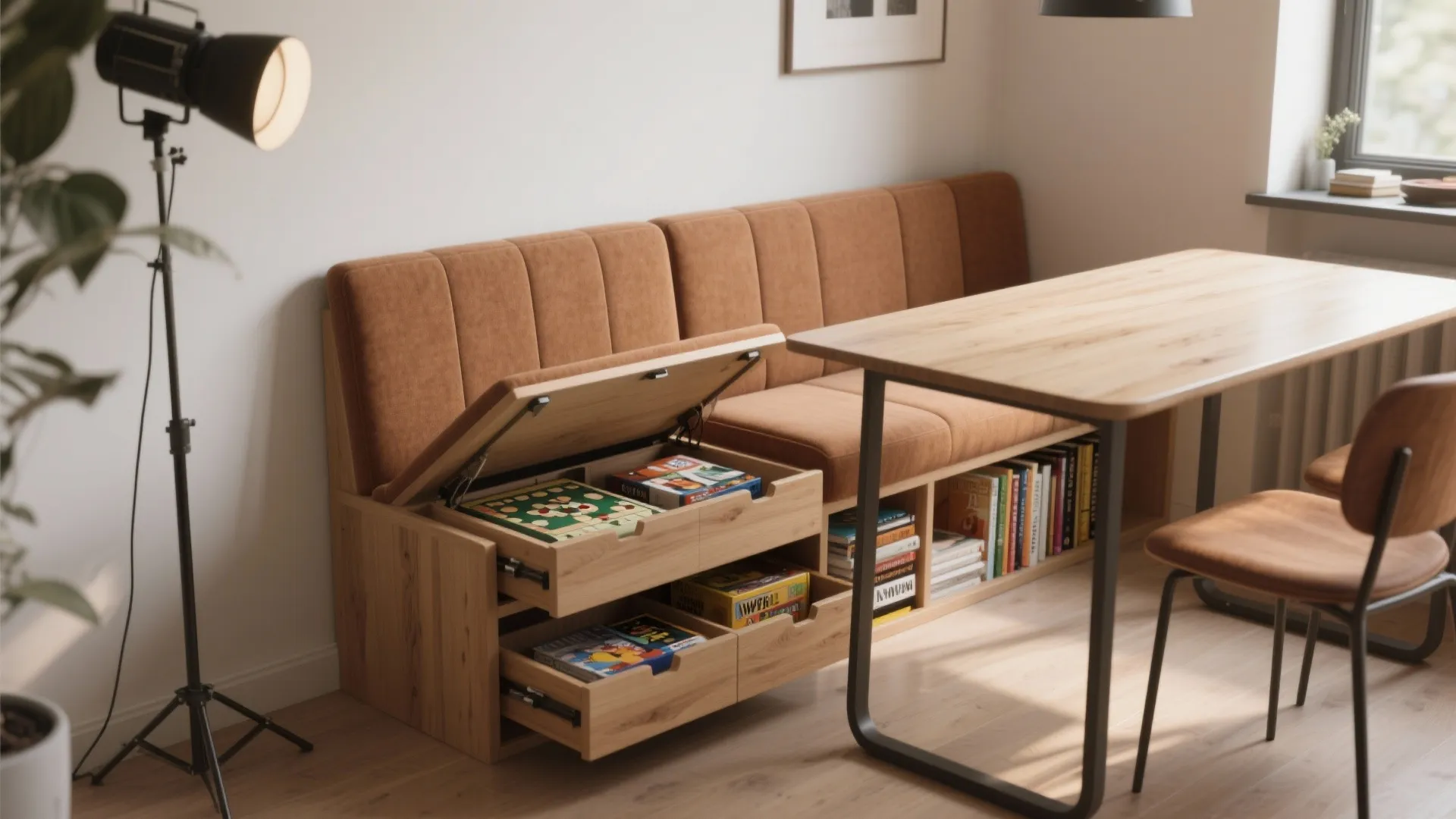 2. Banquette bench with hidden book storage