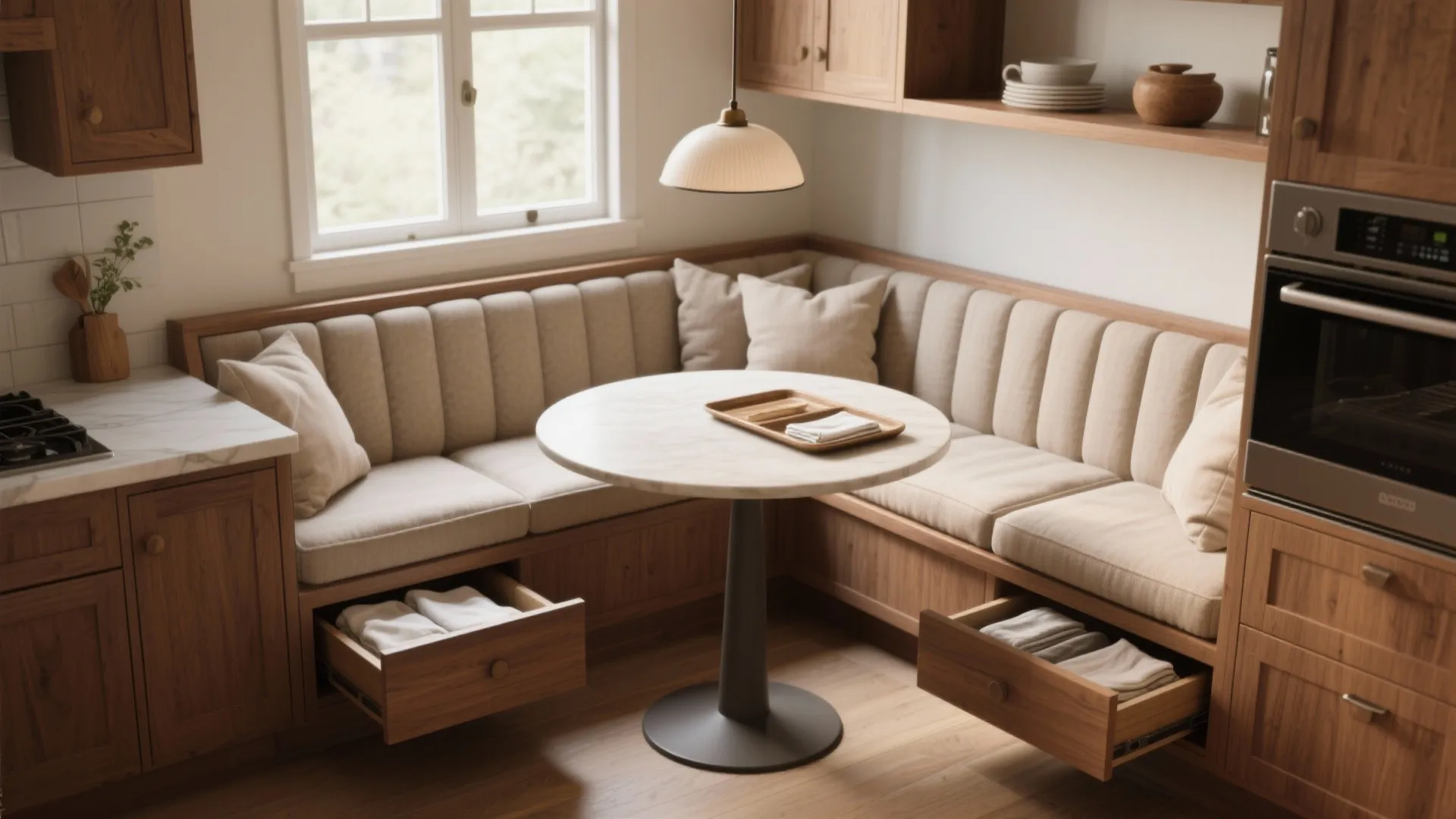 1. Banquette seating that hides storage