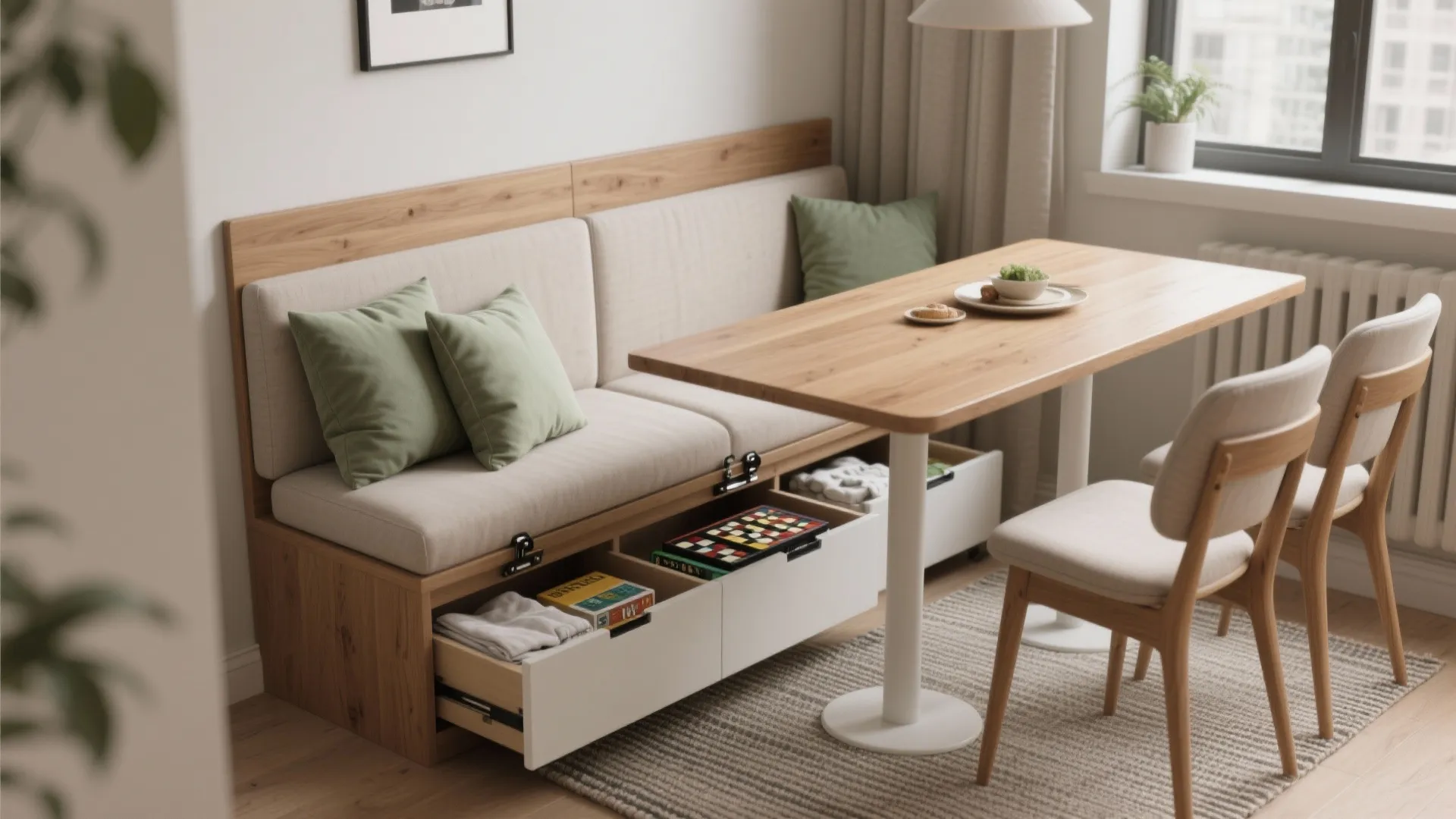 Compact banquette seating with smart storage