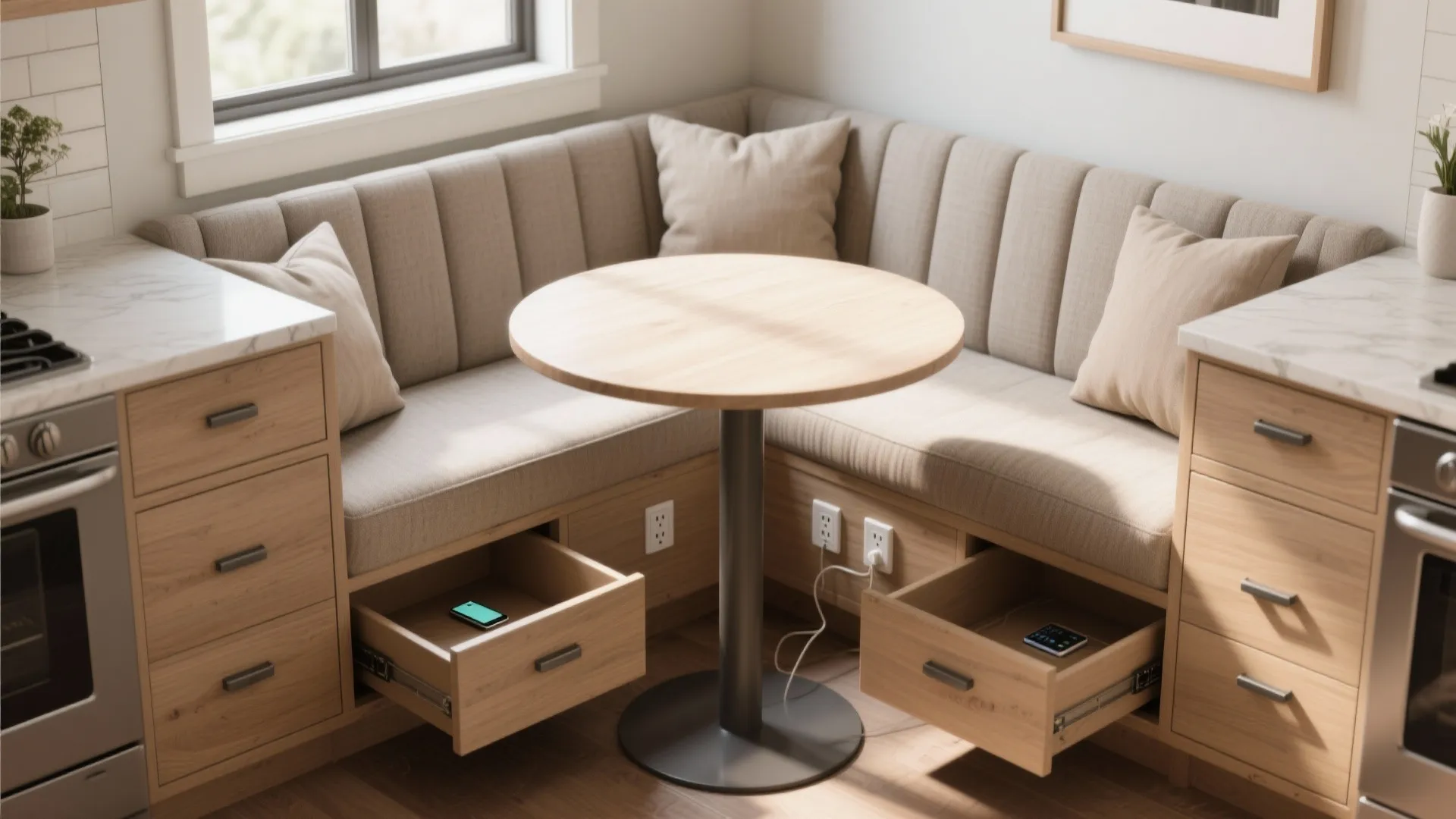 2. Built‑in banquette to maximize plugs and storage