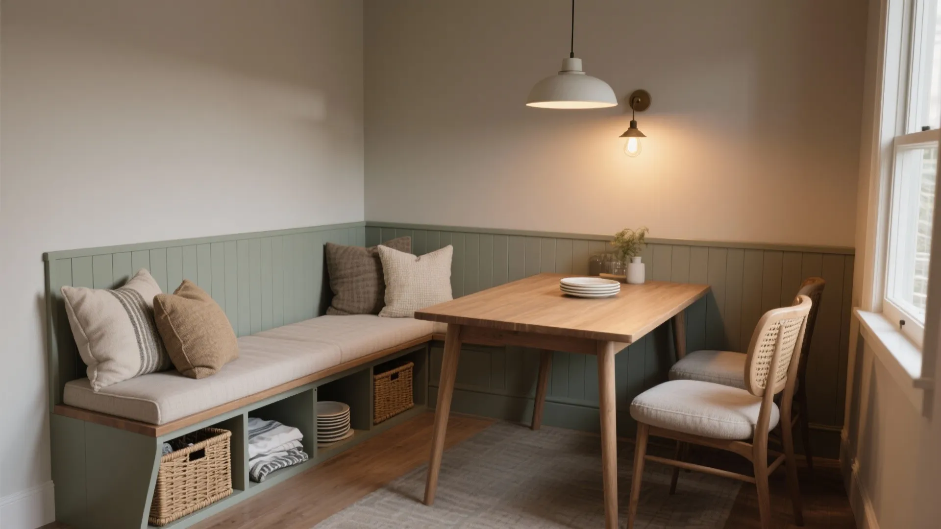 Corner dining bench with storage baskets below wooden table plus green wall panel and light