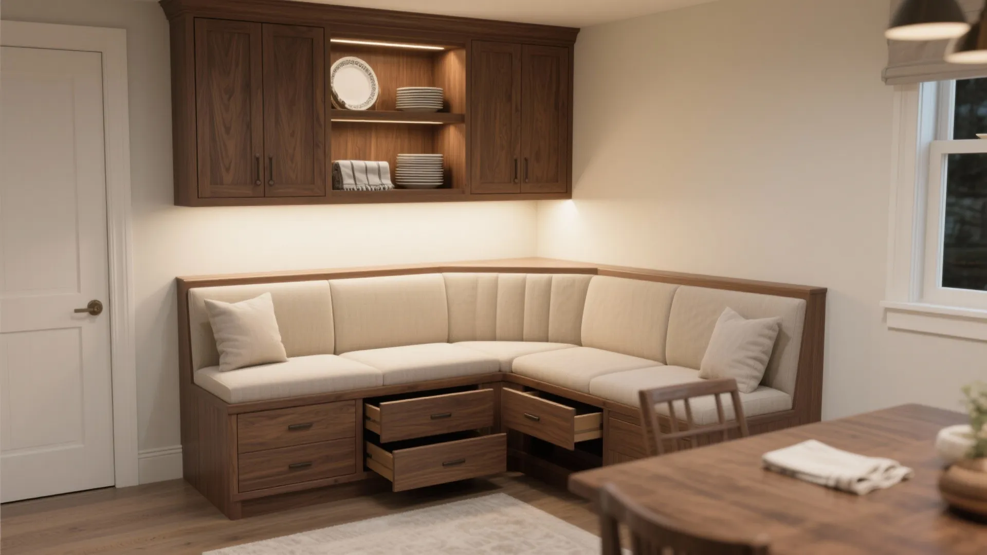 2. Built-in banquette storage with corner cabinets