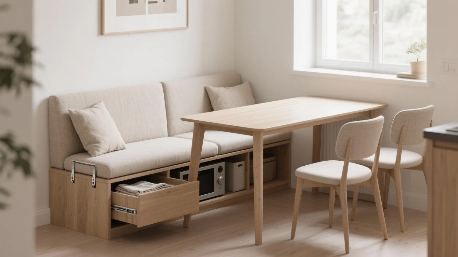 Flexible banquette seating with hidden storage