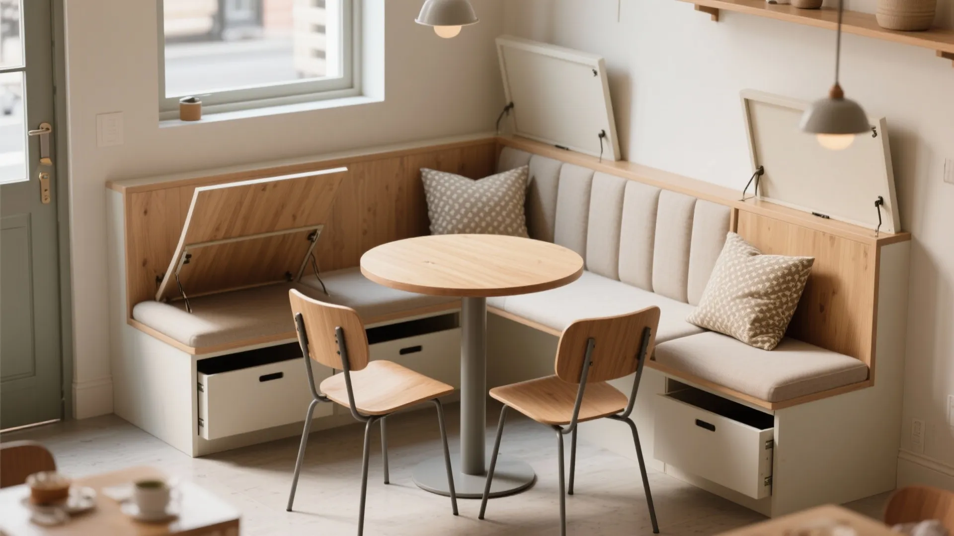 Small dining corner with wooden bench seating featuring hidden storage compartments and round wooden table