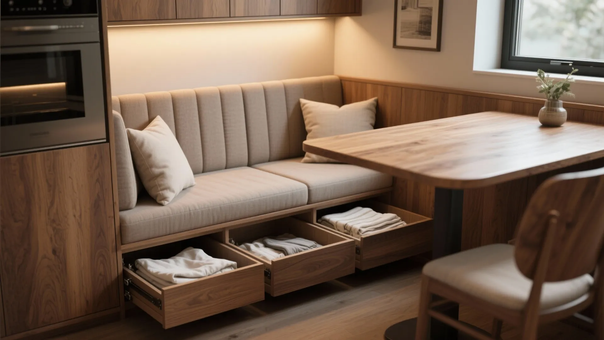 Built-in banquette with under-seat storage open to reveal linens and cushions in a compact dining corner.