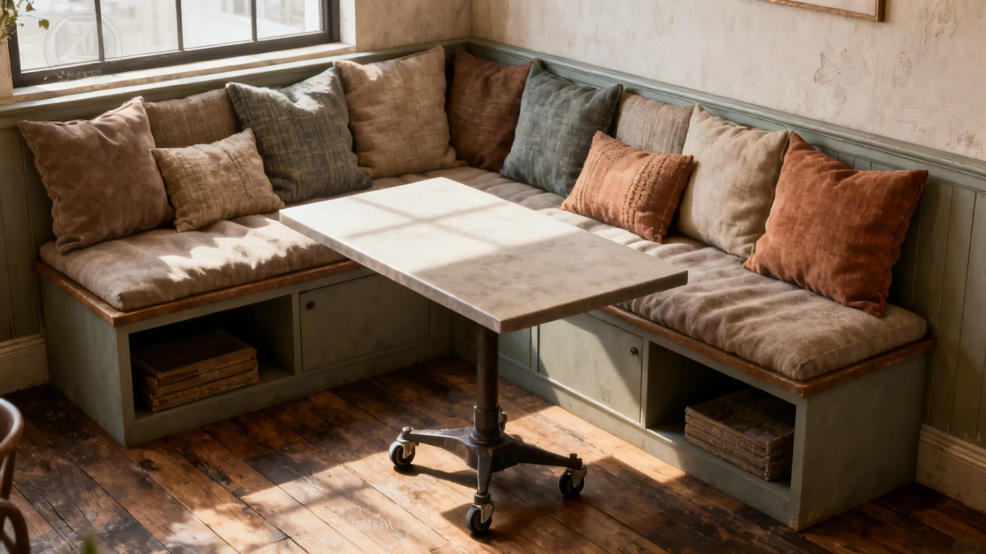 Built-in banquette with storage beneath cushions and a compact table on casters.