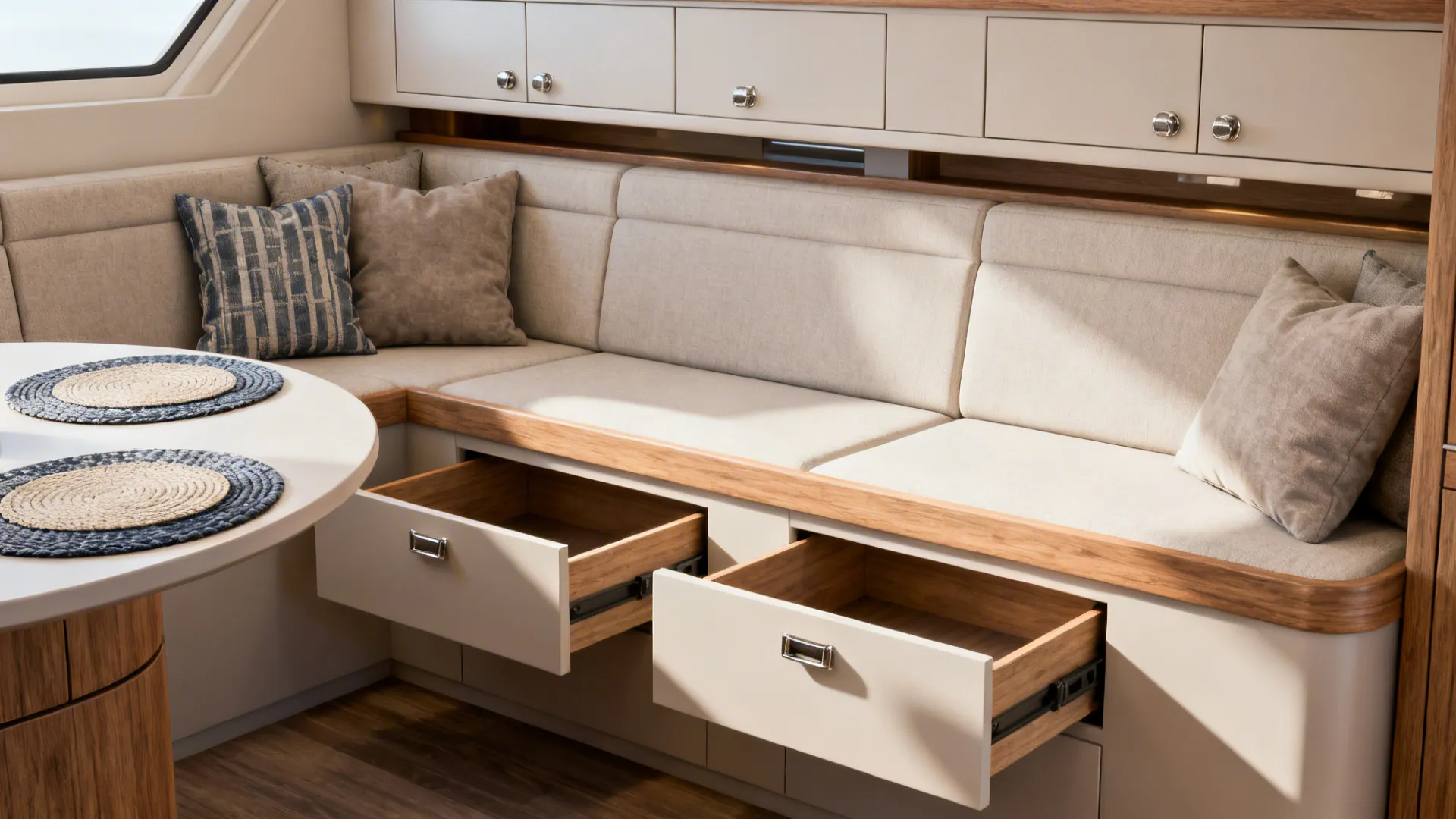 Built-in bench seating with open storage drawers underneath cushions pillows and a round dining table