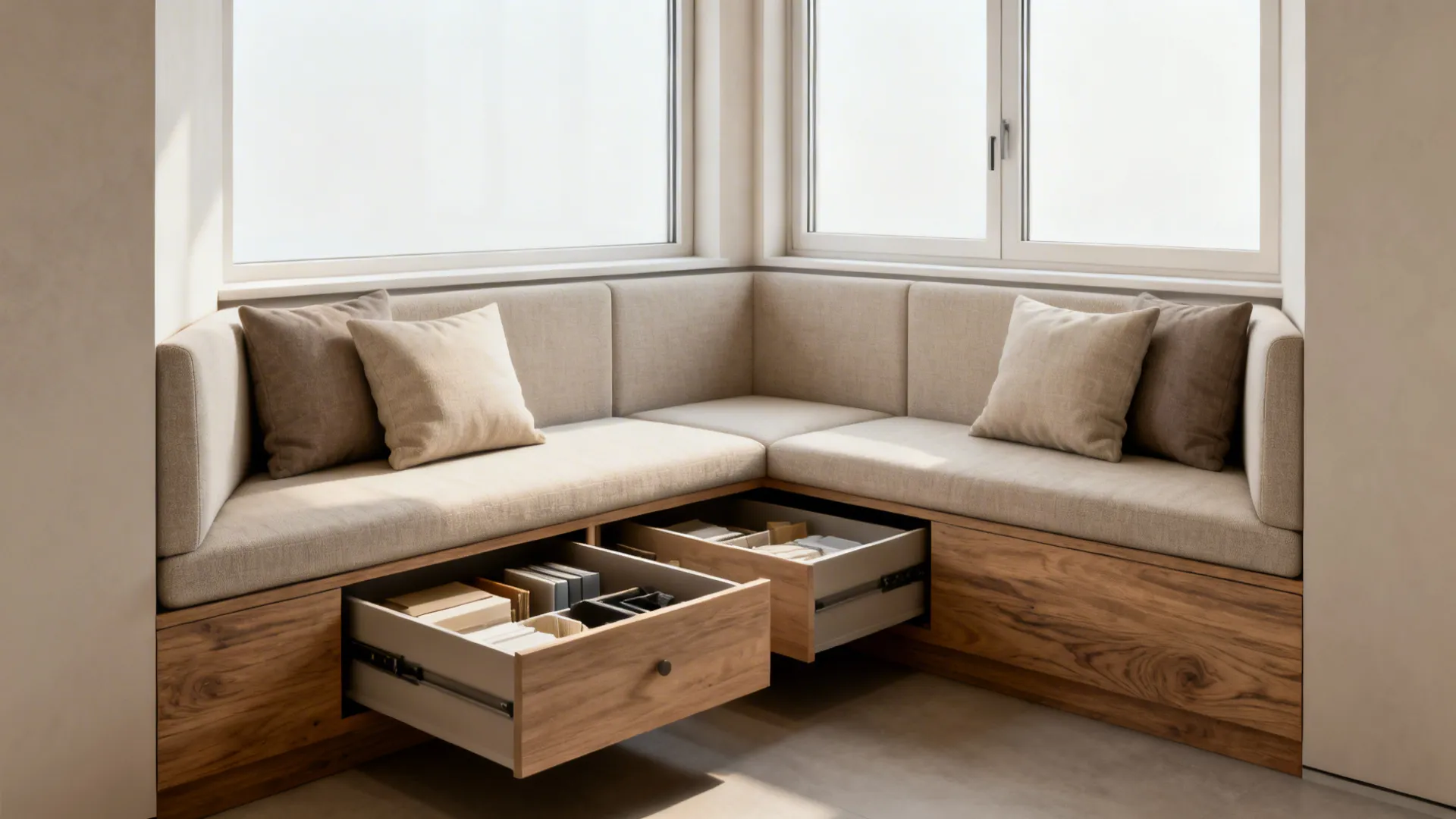 Narrow bay window with a built-in banquette featuring storage drawers and low-back pillows.