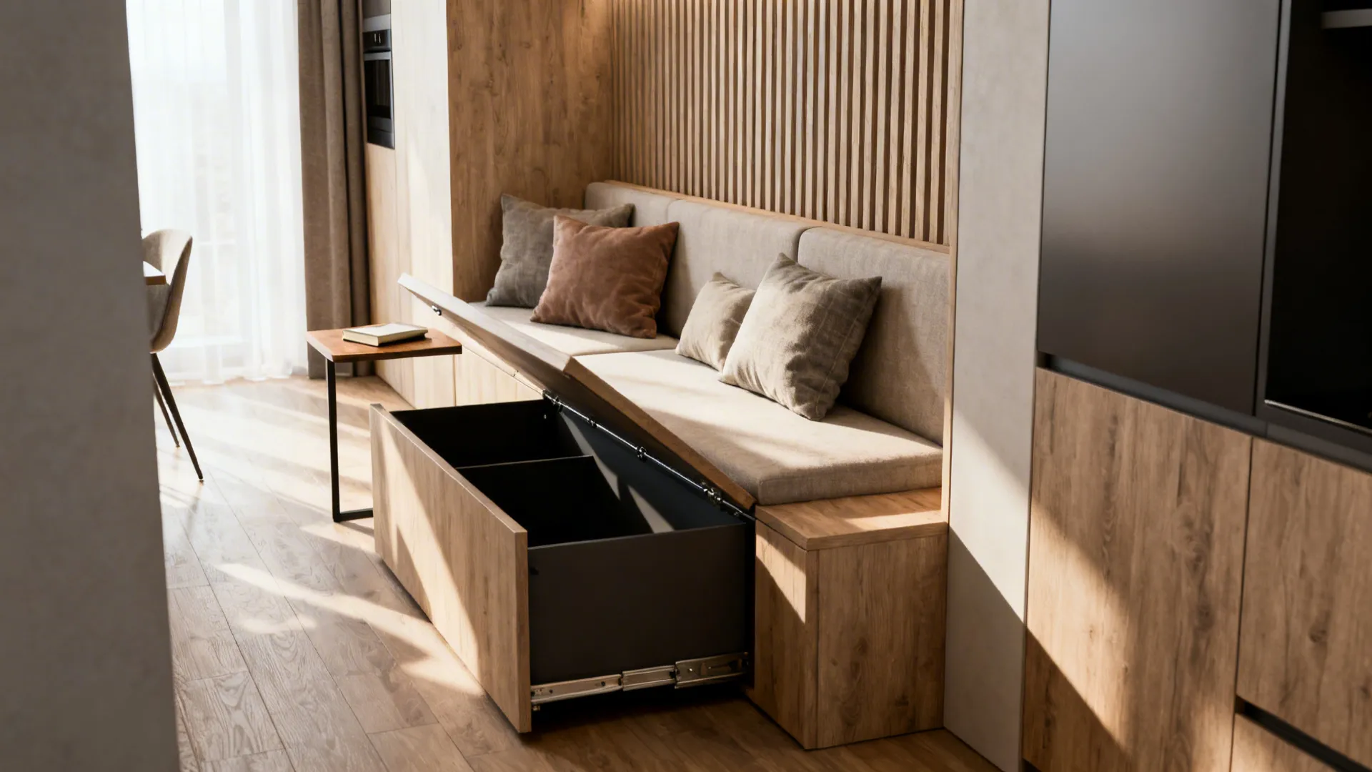 Built-in banquette seating with hidden storage along one wall in a studio apartment.