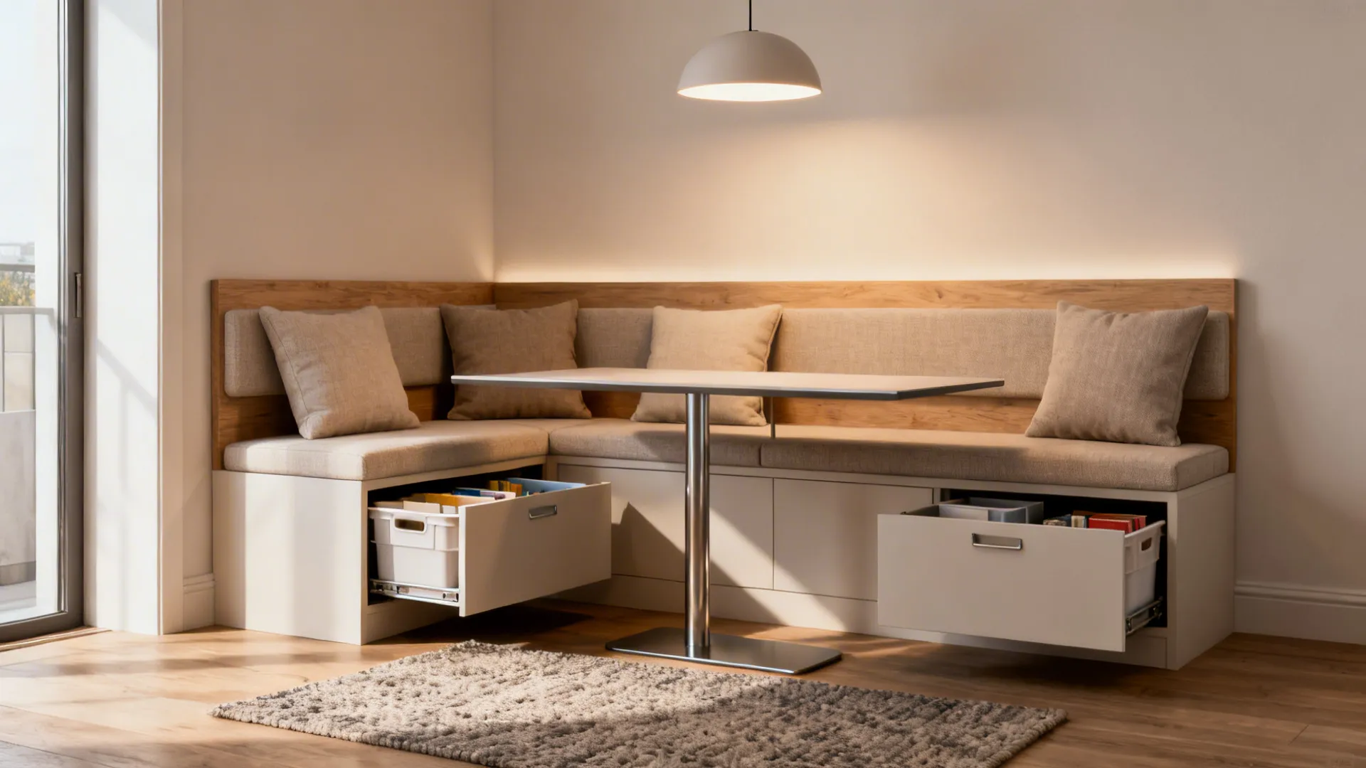 Built-in banquette seating with under-seat drawers and slim floating table