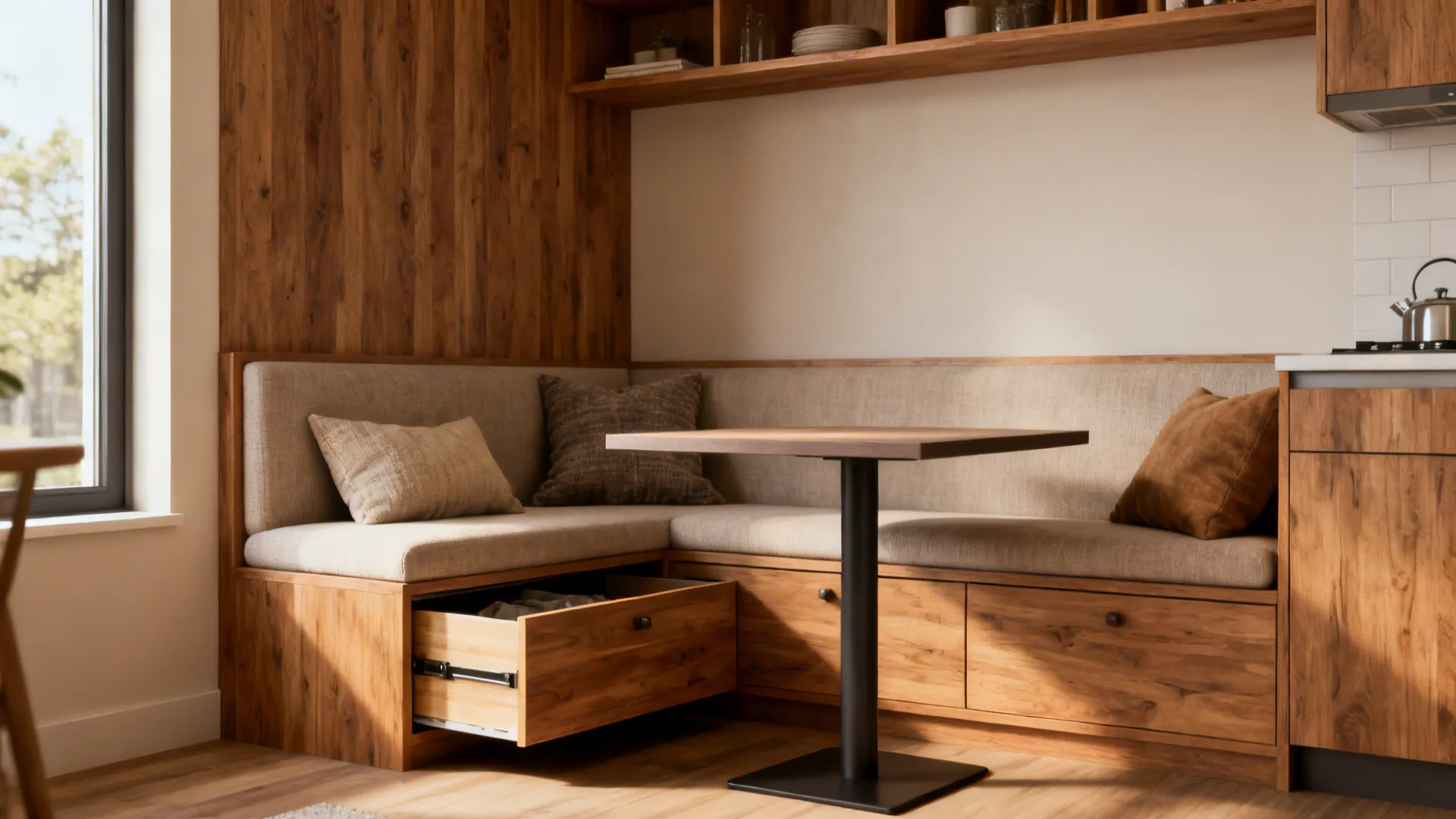 Built-in banquette with concealed under-seat storage in a small open-plan living and kitchen area