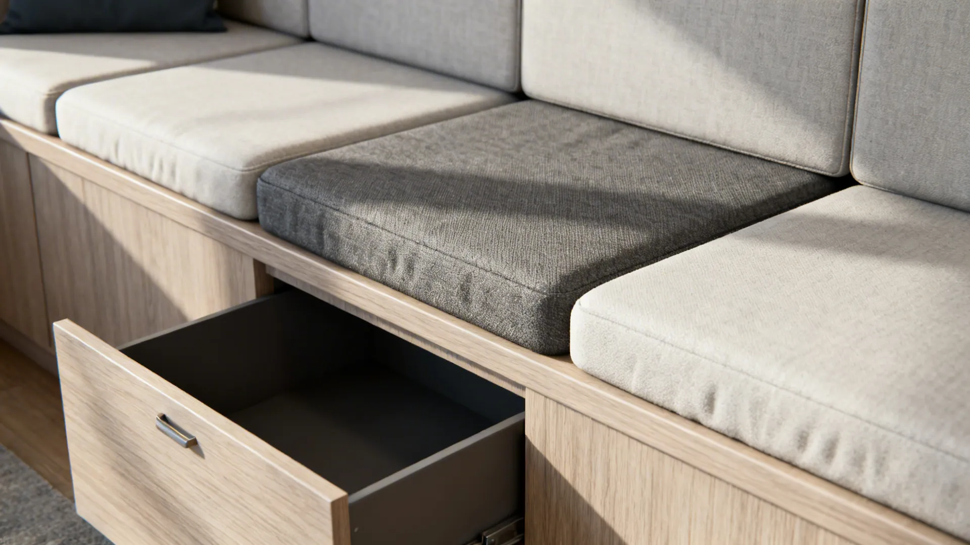 Close-up of built-in banquette with removable cushion covers and open under-seat storage