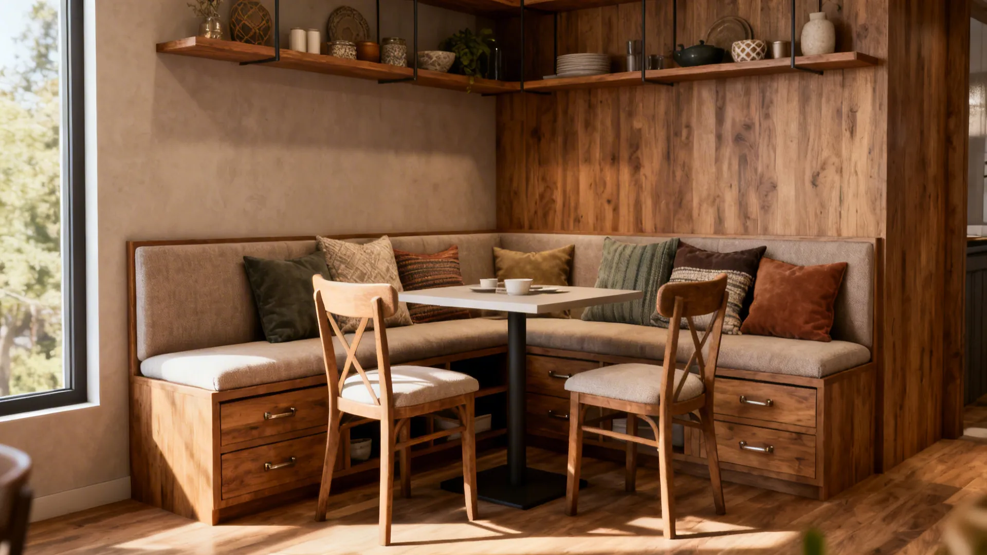 Built-in banquette with storage drawers and two mix-and-match chairs opposite in a cozy breakfast nook.