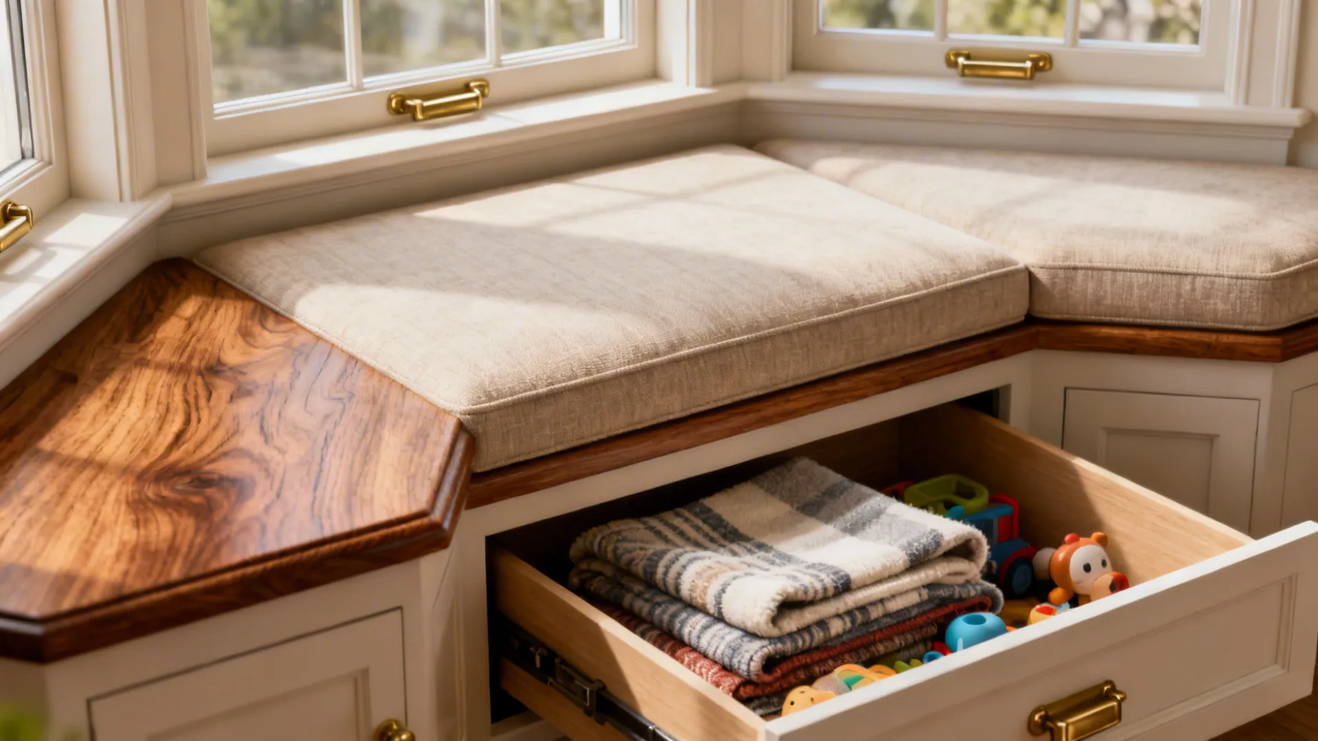 Built-in banquette with deep storage drawers and neatly folded throws under bay window