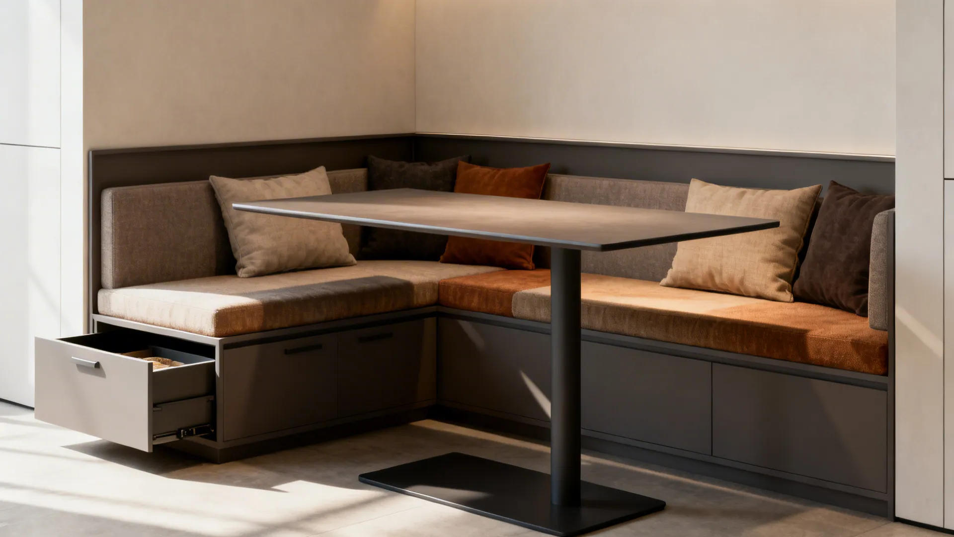 Modern L-shaped bench seating with brown cushions a black dining table and an open drawer