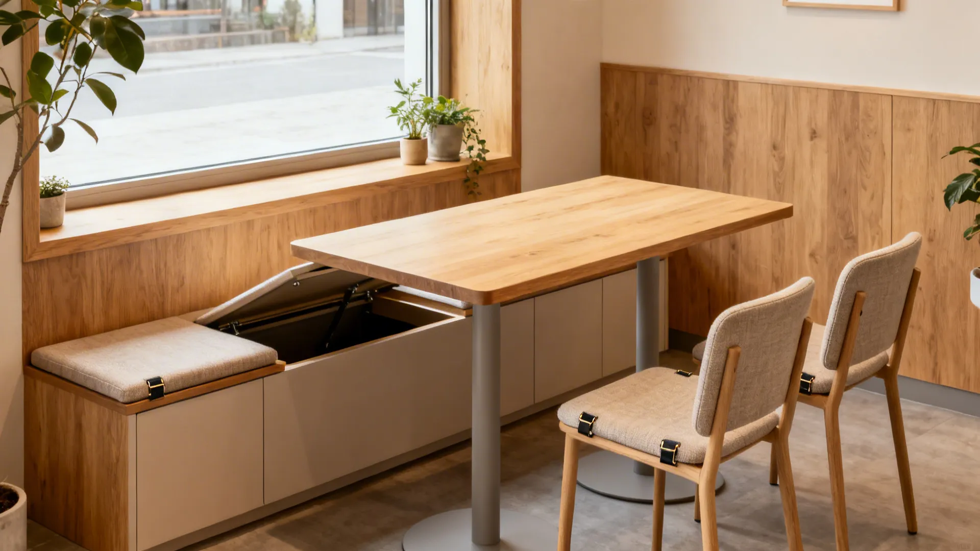 Built-in window bench with storage paired with a compact dining table and slim chairs.