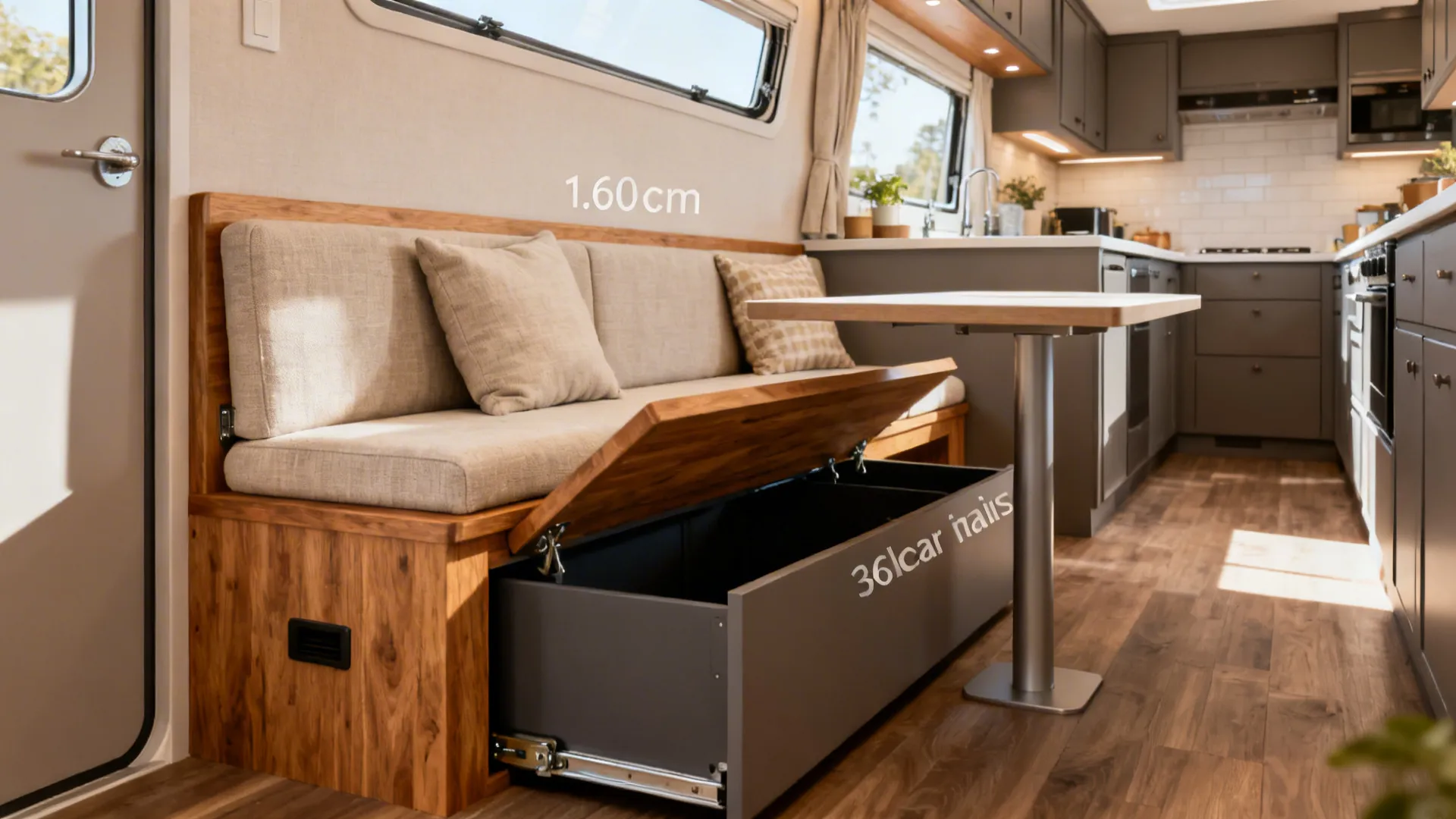 Built-in kitchen banquette with lift-up storage and a compact table in a narrow galley.