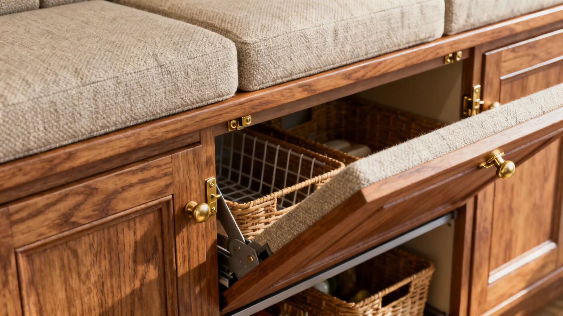 Lift-up banquette bench revealing hidden storage baskets and pantry overflow