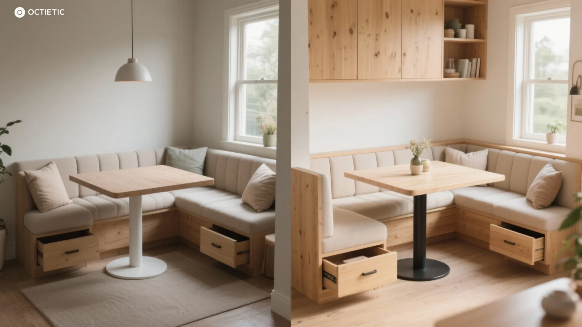 Before and after comparison of a dining bench with wooden storage drawers and white seat pads