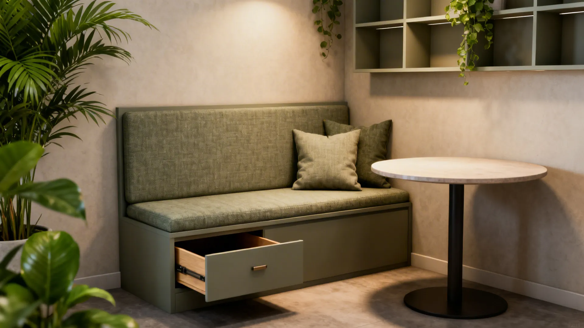 Built-in banquette seating with hidden storage and round table in a small living-dining corner