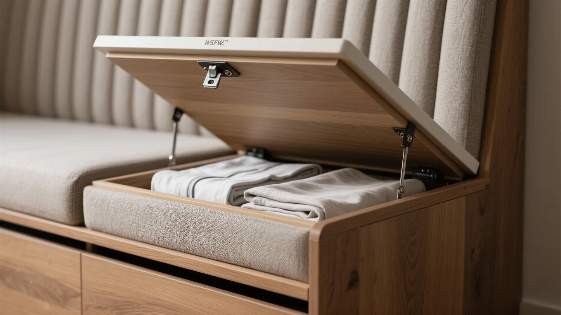 Floating banquette seating with storage