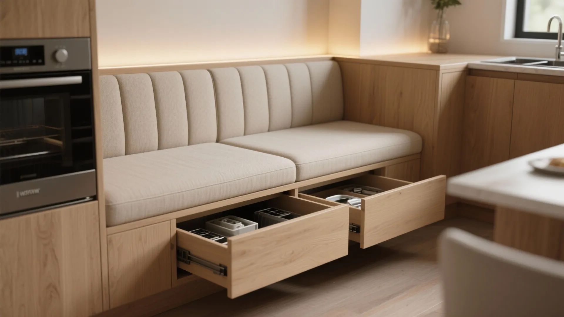 Built-in wooden bench with open storage drawers containing kitchen items and a padded seat cushion